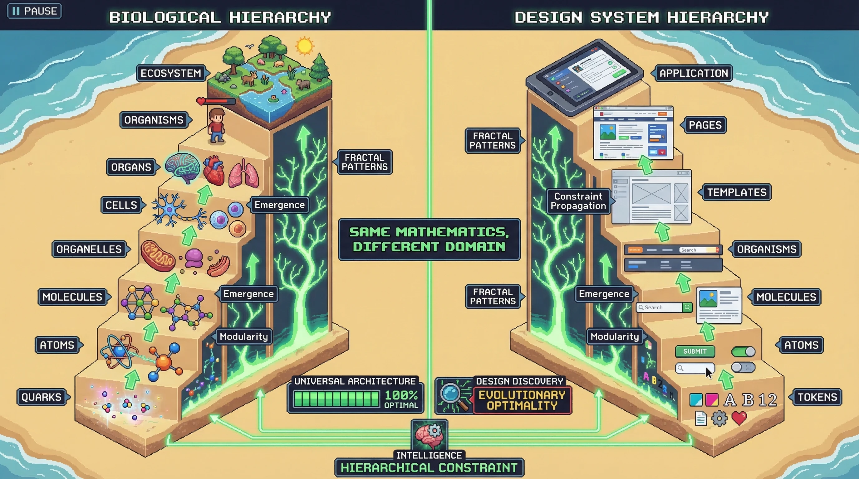 Infographic for: Atomic Design Systems Mirror Fractal Nature: Hierarchical Constraint Is Universal