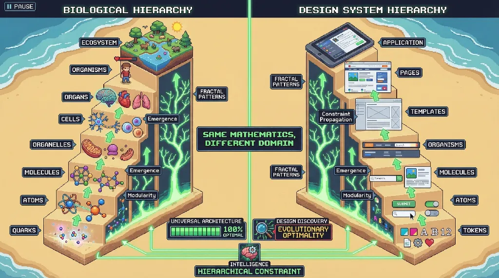 Infographic for: Atomic Design Systems Mirror Fractal Nature: Hierarchical Constraint Is Universal
