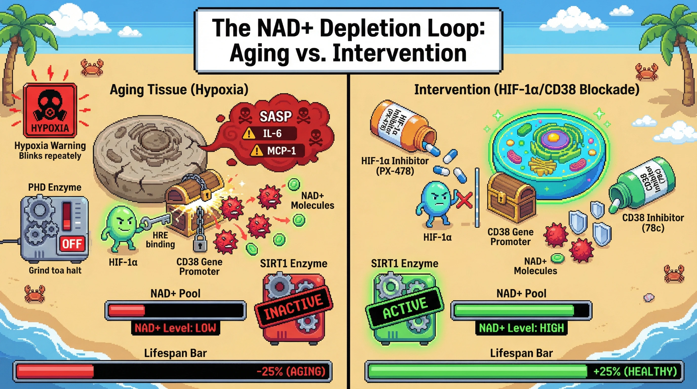 Infographic for: HIF-1α‑Driven CD38 Amplification Creates a Hypoxia‑Linked NAD+ Depletion Loop in Aging