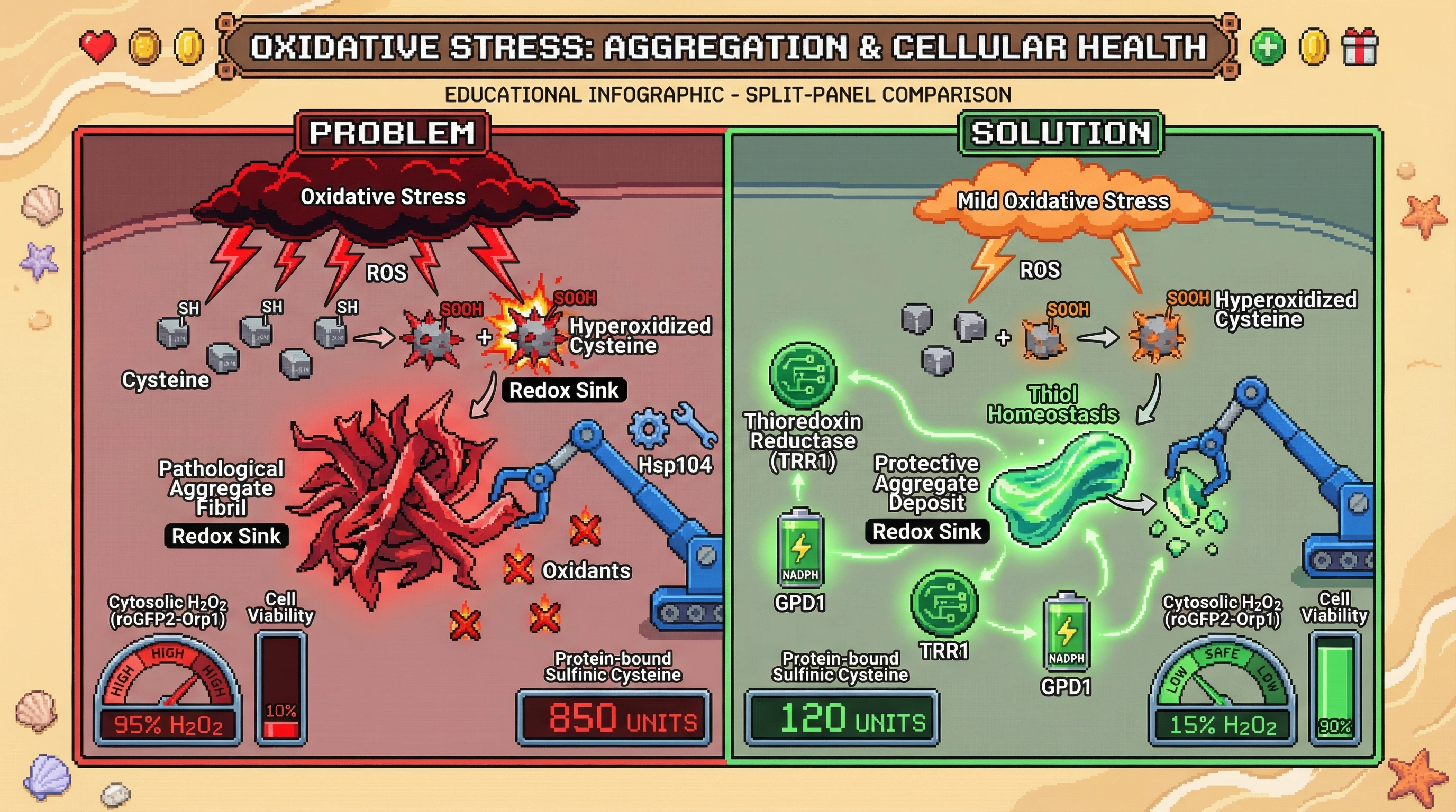Mechanism: Pathological protein aggregates, when dissolved without proper redox restoration, unleash sequestered hyperoxidized cysteines, causing cellular damage. Readout: Readout: Acute disaggregation alone leads to a spike in H2O2 and reduced cell viability, while enhanced thioredoxin reductase activity or NADPH regeneration maintains thiol homeostasis and protects cells.