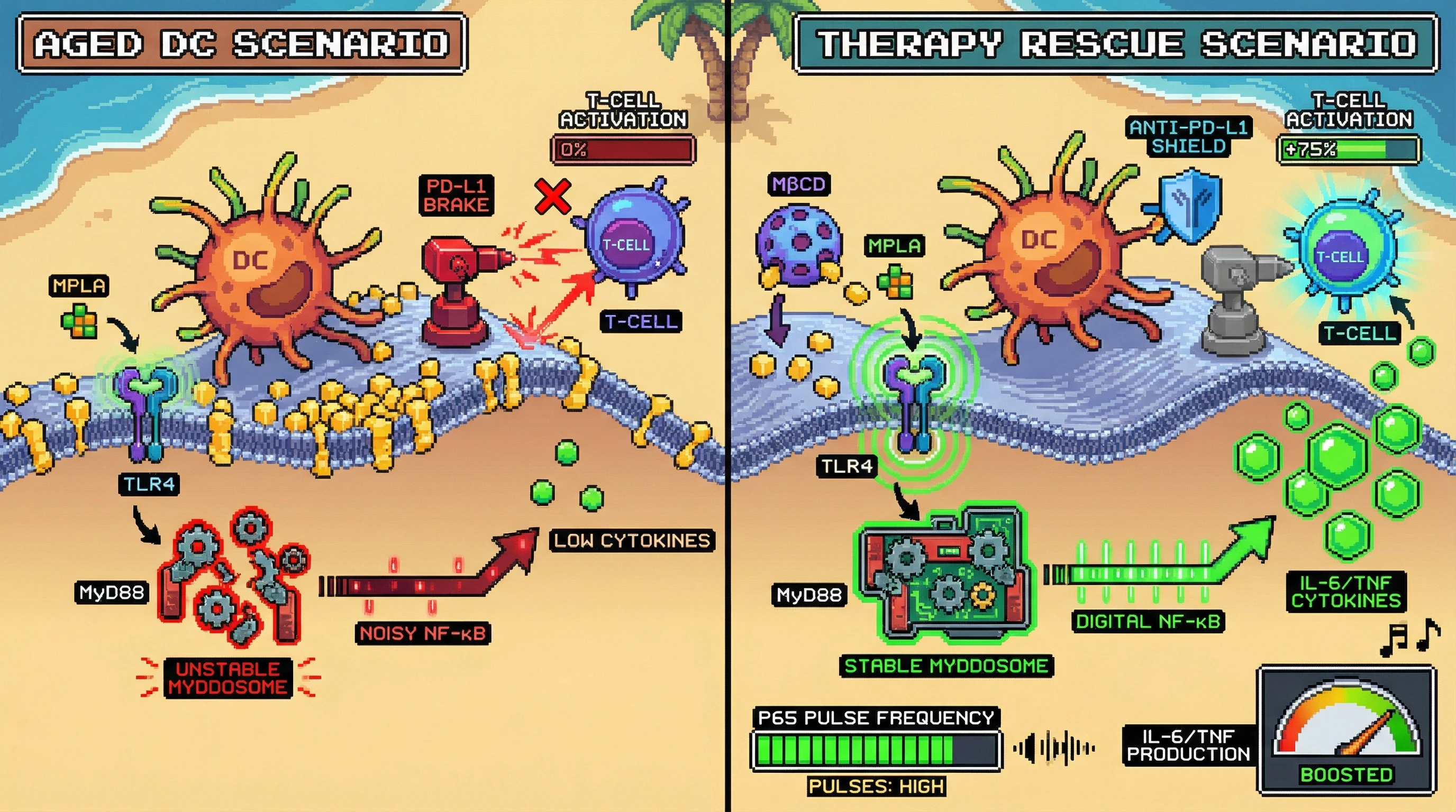 Infographic for: Cholesterol-dependent MyD88 platform instability drives age-related dendritic cell silencing and can be rescued by membrane remodeling combined with checkpoint blockade