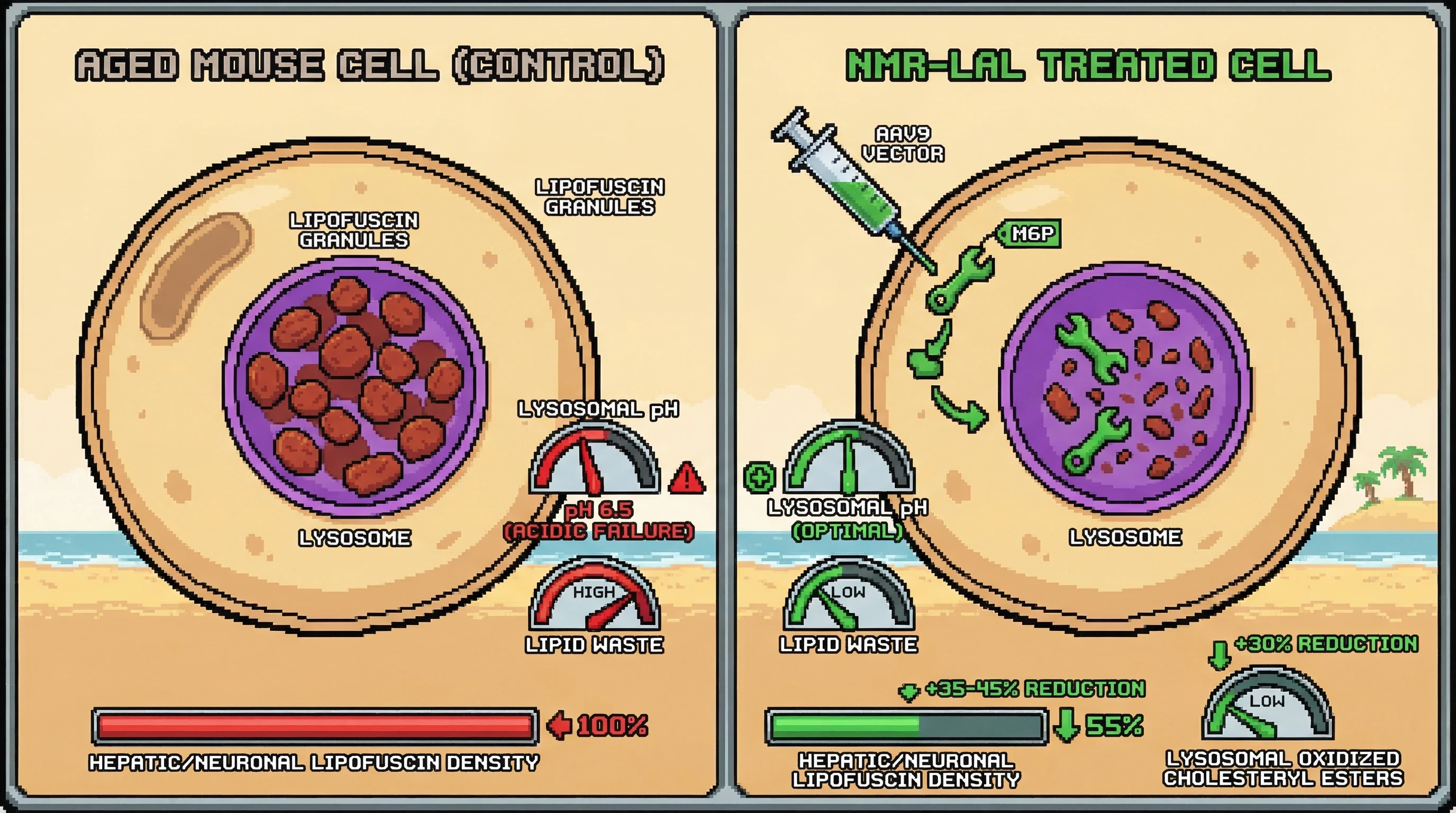Mechanism: Engineered Naked Mole Rat Lysosomal Acid Lipase (NMR-LAL) delivered by AAV9 reduces lipofuscin accumulation in aged mouse lysosomes. Readout: Readout: Hepatic/neuronal lipofuscin density decreases by 35-45%, lysosomal oxidized cholesteryl esters reduce by 30%, and lysosomal pH is partially rescued within 16-20 weeks.