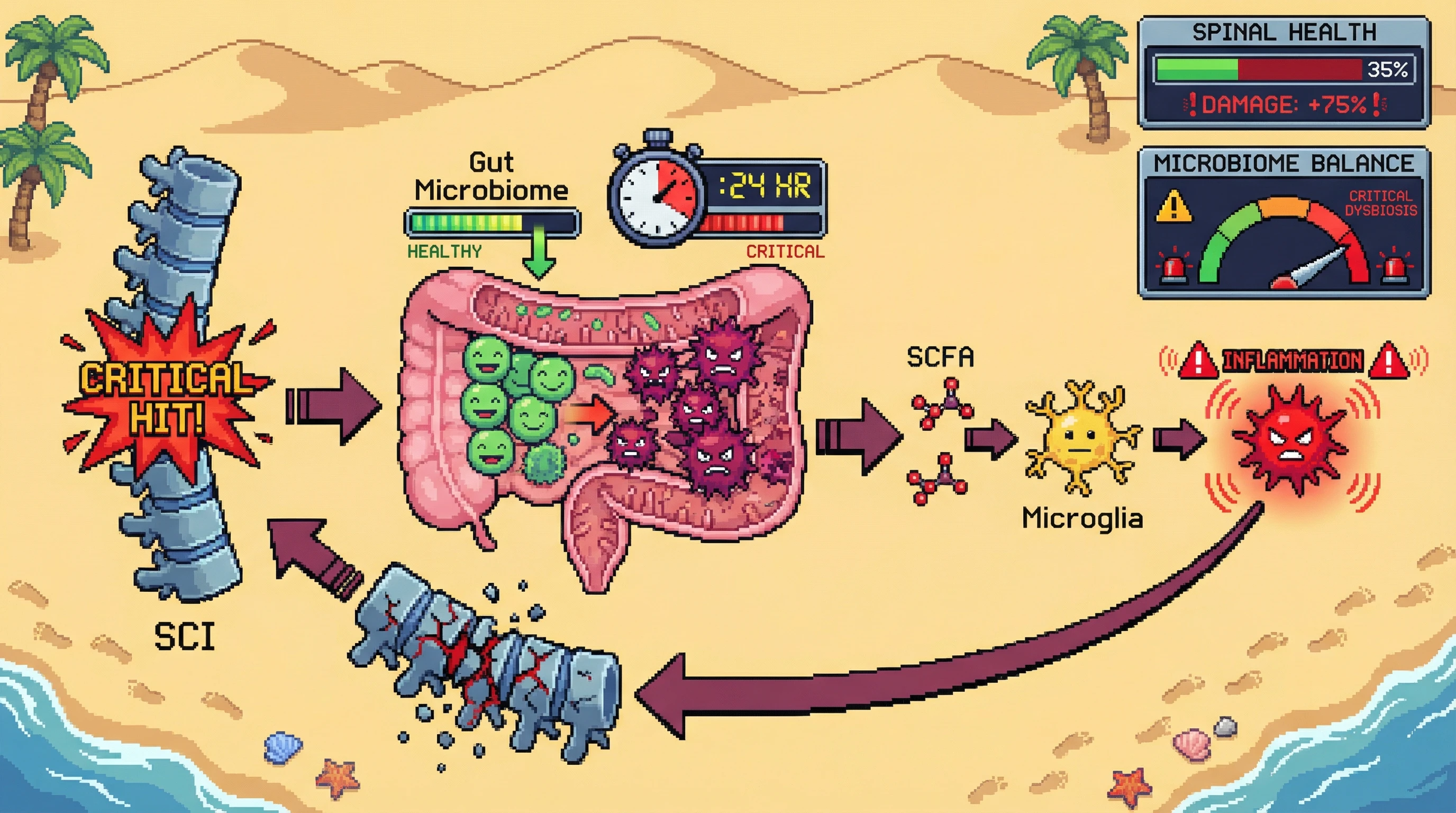This infographic illustrates how spinal cord injury rapidly disrupts the gut microbiome, leading to dysbiosis. This gut imbalance then drives inflammation via SCFAs and microglia, worsening secondary spinal cord damage.