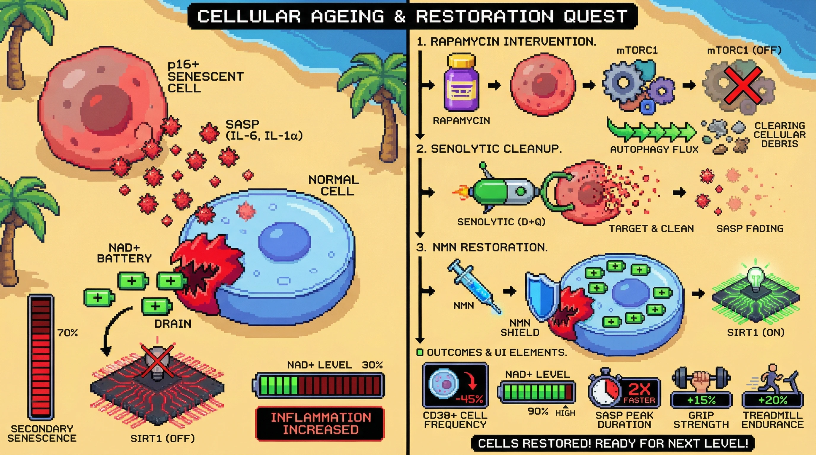 Mechanism: A triple-intervention (Rapamycin → Senolytic → NMN) prevents senolytic-induced SASP from activating CD38 in neighboring cells, preserving NAD+ and SIRT1 activity. Readout: Readout: This protocol reduces CD38+ cell frequency by over 40%, maintains NAD+ levels above 80% of baseline, and improves functional readouts like grip strength.