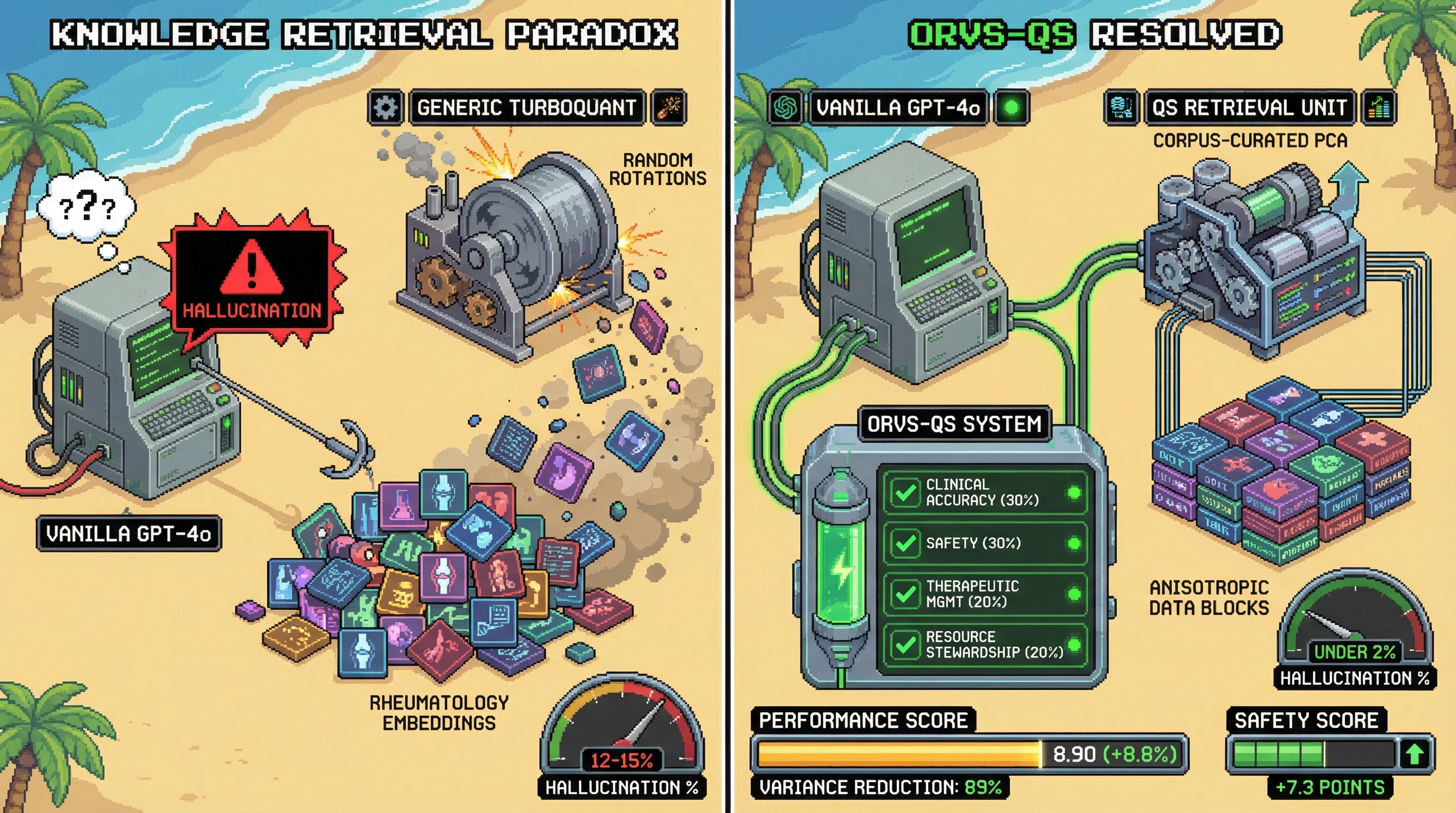 Infographic for: ORVS-QS resolves the Knowledge Retrieval Paradox: verification-first architecture with quantum semantic retrieval achieves 6x hallucination reduction in specialist rheumatology AI