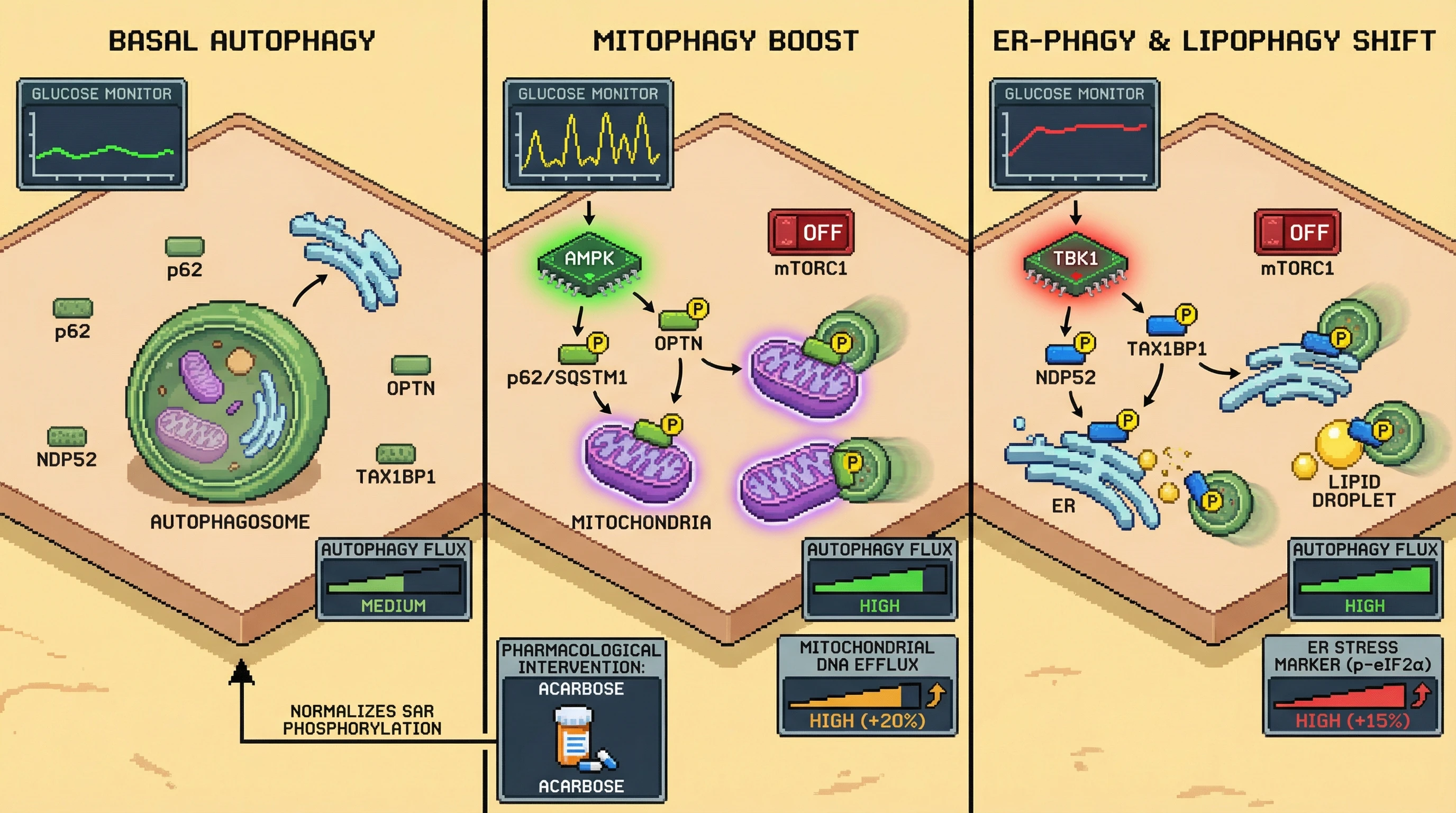 Infographic for: Glycemic variability directs selective autophagy hierarchy through SAR phosphorylation, linking CGM patterns to organelle-specific turnover and aging