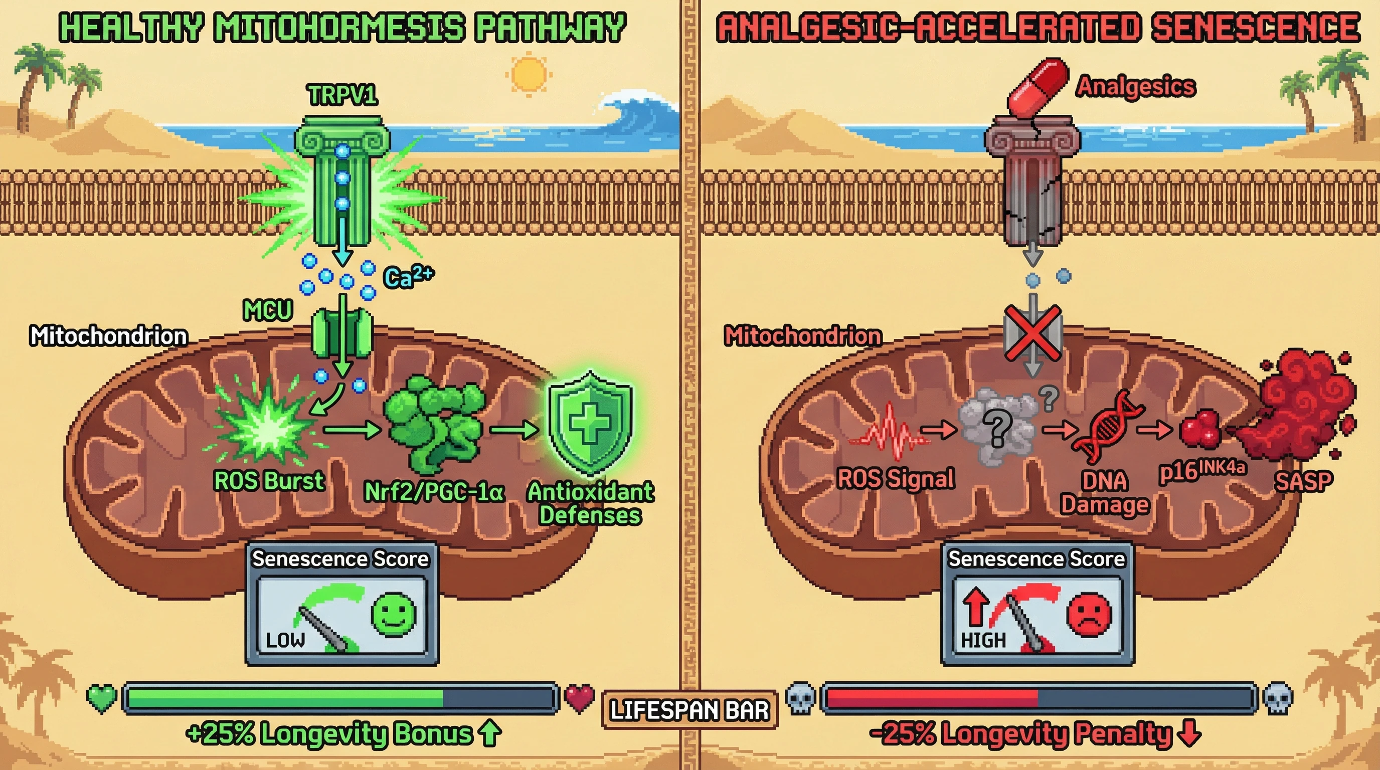 Infographic for: Hypothesis: Analgesic-induced silencing of TRPV1-mediated mitochondrial calcium flux attenuates mitohormesis, accelerating senescence