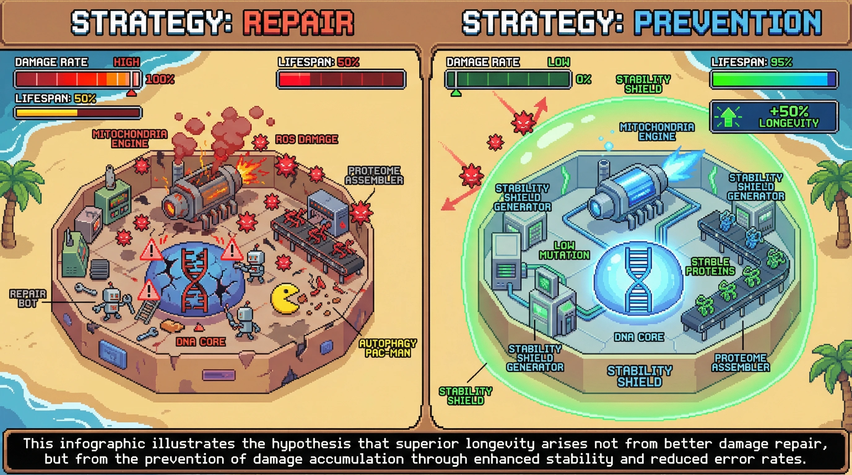 Infographic for: Long-lived species do not repair damage better—they prevent it. This changes how we should think about human longevity interventions.