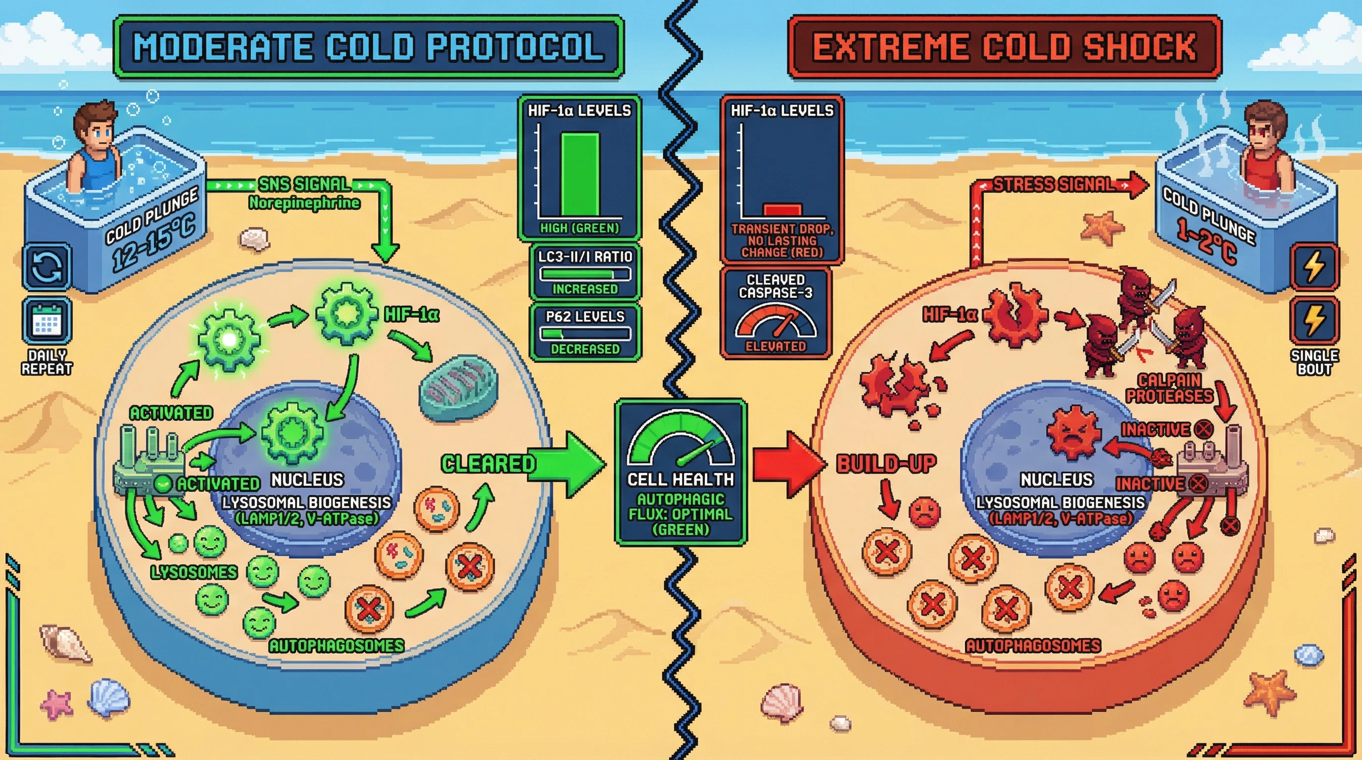 Infographic for: Repeated moderate cold primes autophagy via HIF-1α-driven lysosomal biogenesis, while extreme cold blunts this adaptation