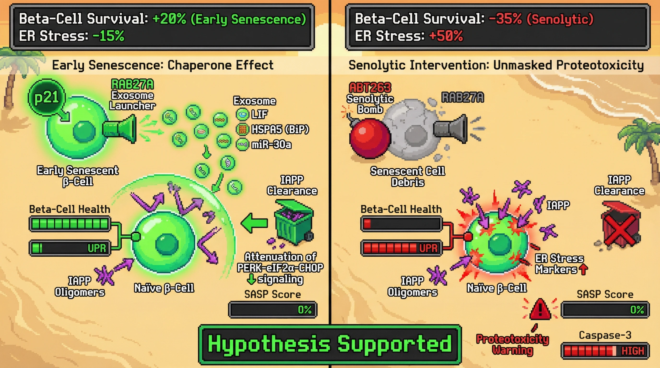 Mechanism: Early senescent β-cells release protective exosomes containing factors like LIF and HSPA5, enhancing proteostasis and IAPP clearance in neighboring cells. Readout: Readout: Senolytic treatment removes these beneficial exosomes, leading to increased ER stress markers (CHOP/BiP) and accelerated β-cell failure (Caspase-3 HIGH).