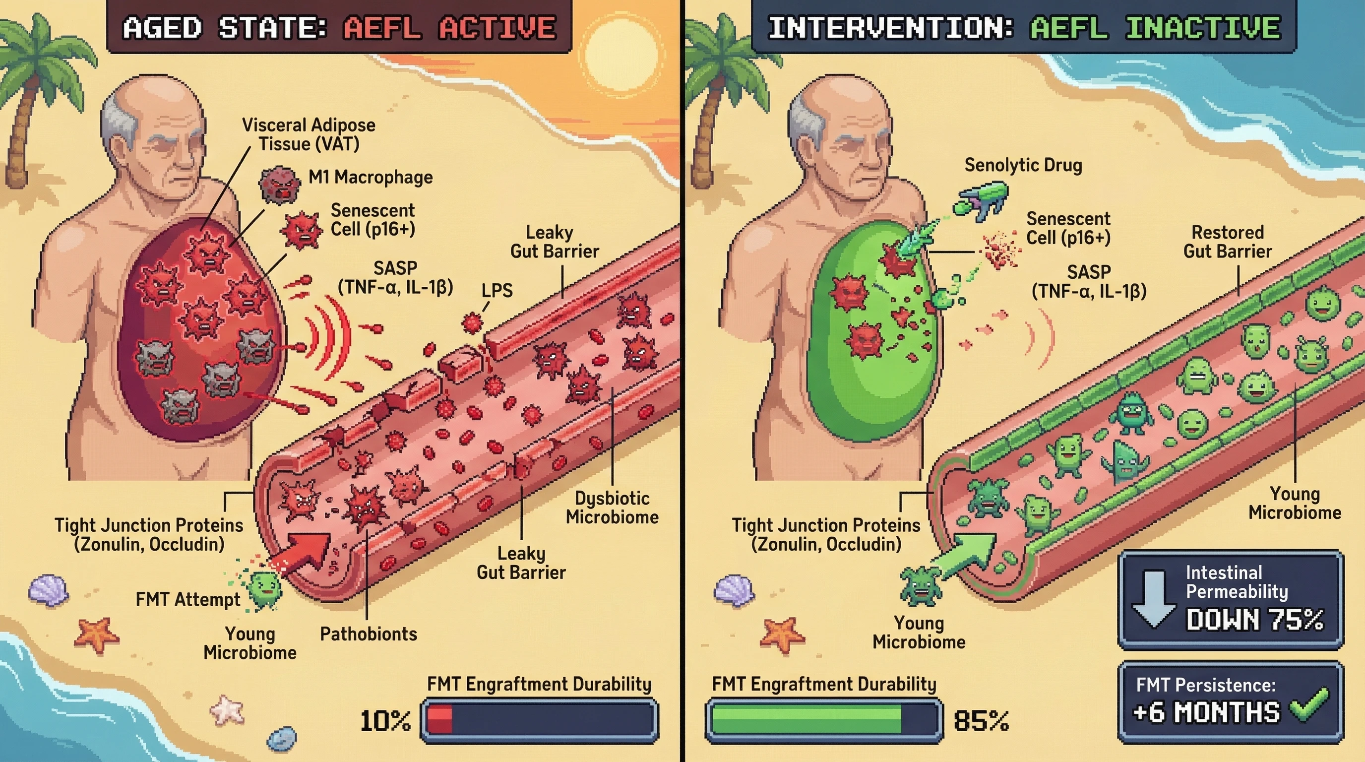Mechanism: Aged visceral adipose tissue (VAT) secretes pro-inflammatory SASP factors (TNF-α, IL-1β) that create a leaky gut barrier, preventing successful young microbiome engraftment. Readout: Readout: Senolytic treatment of VAT reduces inflammation, restoring gut barrier integrity and increasing young FMT engraftment durability by six months.