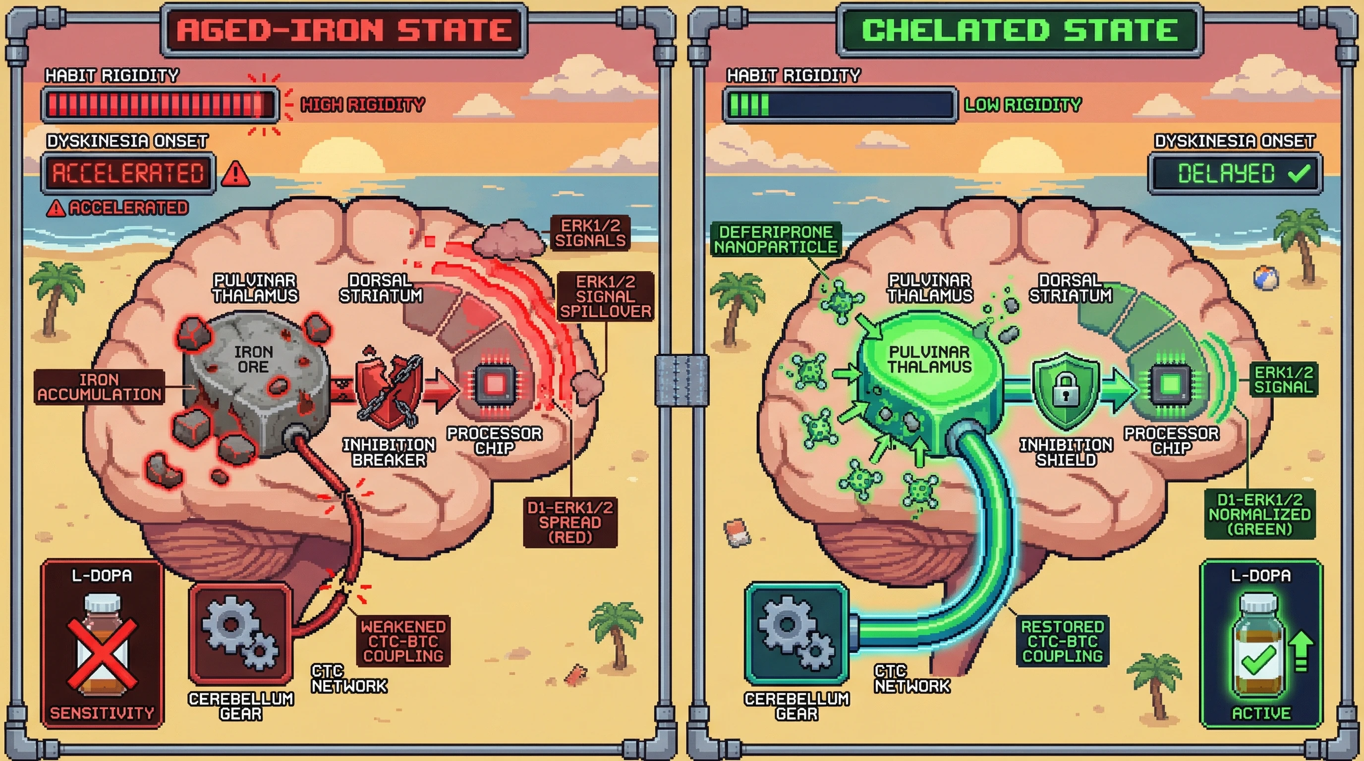 Infographic for: Hypothesis: Age‑related iron accumulation in the thalamic pulvinar disrupts cerebro‑thalamo‑cortical compensation, accelerating D1‑ERK1/2 spillover and habit rigidity in preclinical Parkinson’s