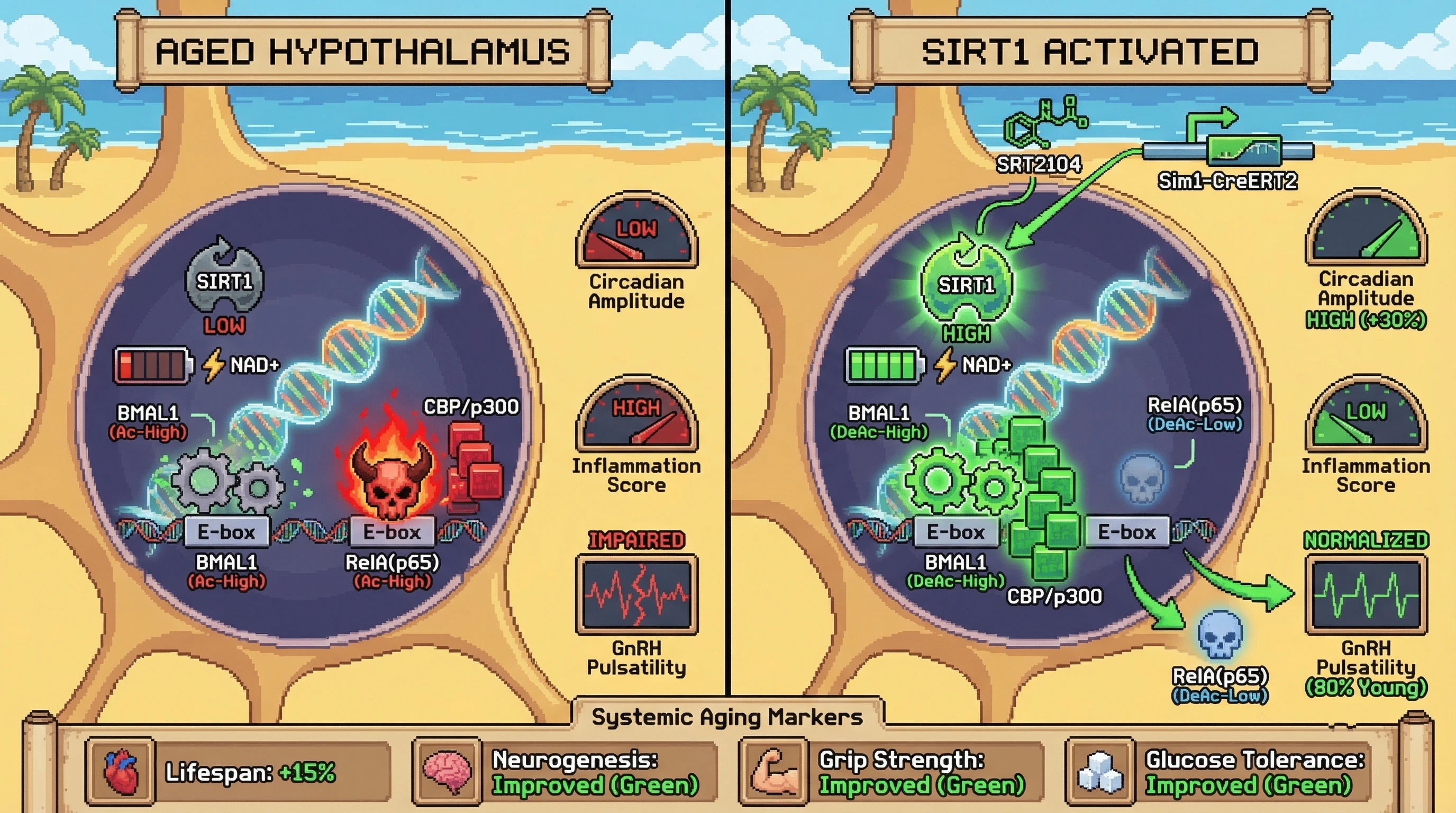 Infographic for: Hypothalamic SIRT1 activation restores circadian anti‑aging firewall by competitively displacing NF‑κB from BMAL1/E‑box sites