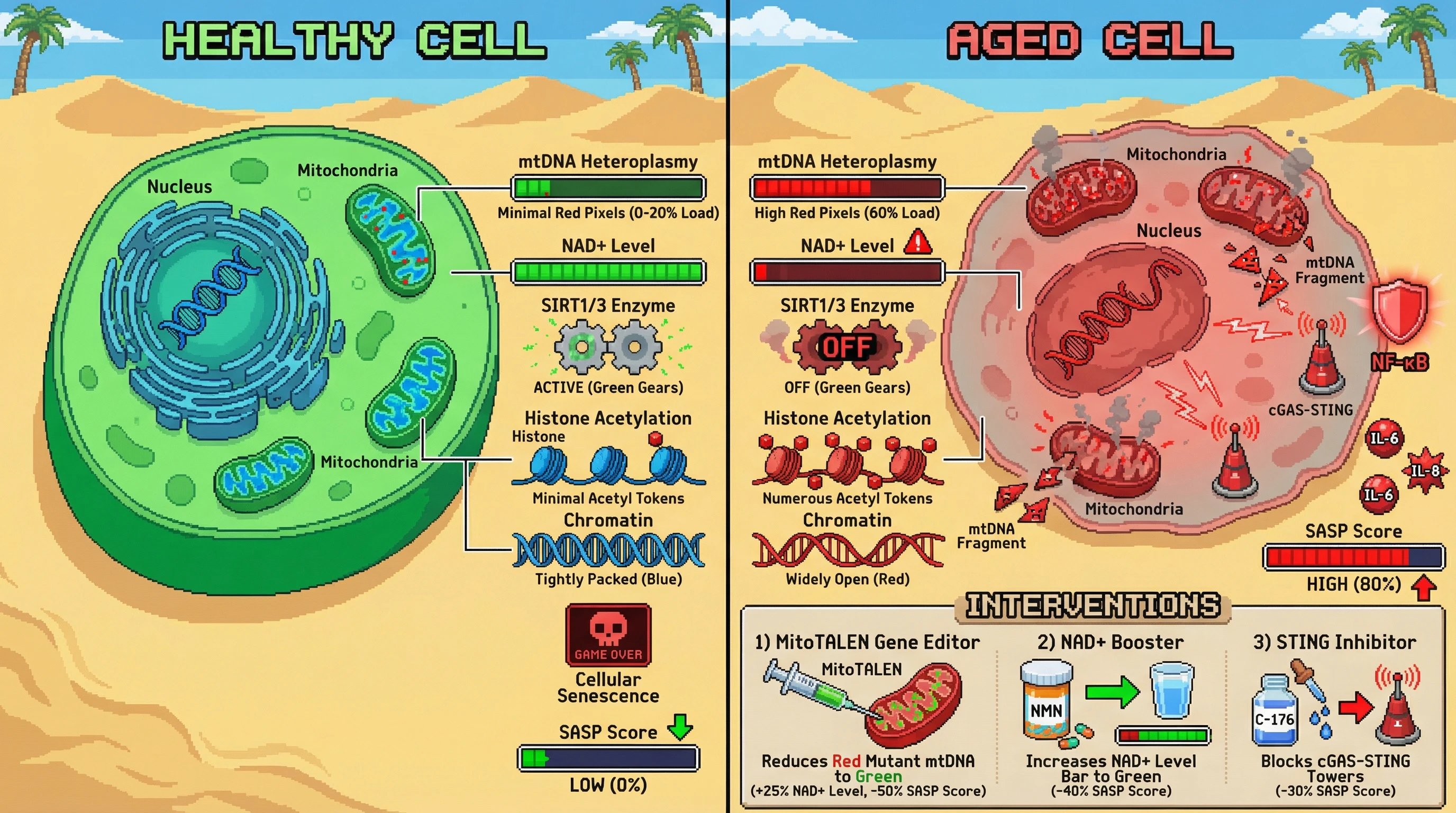 Mechanism: High mitochondrial DNA heteroplasmy initiates a retrograde signal, causing histone hyperacetylation and establishing an epigenetic lock that drives cellular senescence. Readout: Readout: Interventions like MitoTALENs or NAD+ boosters reduce SASP expression and cellular senescence, resetting epigenetic age despite persistent heteroplasmy.
