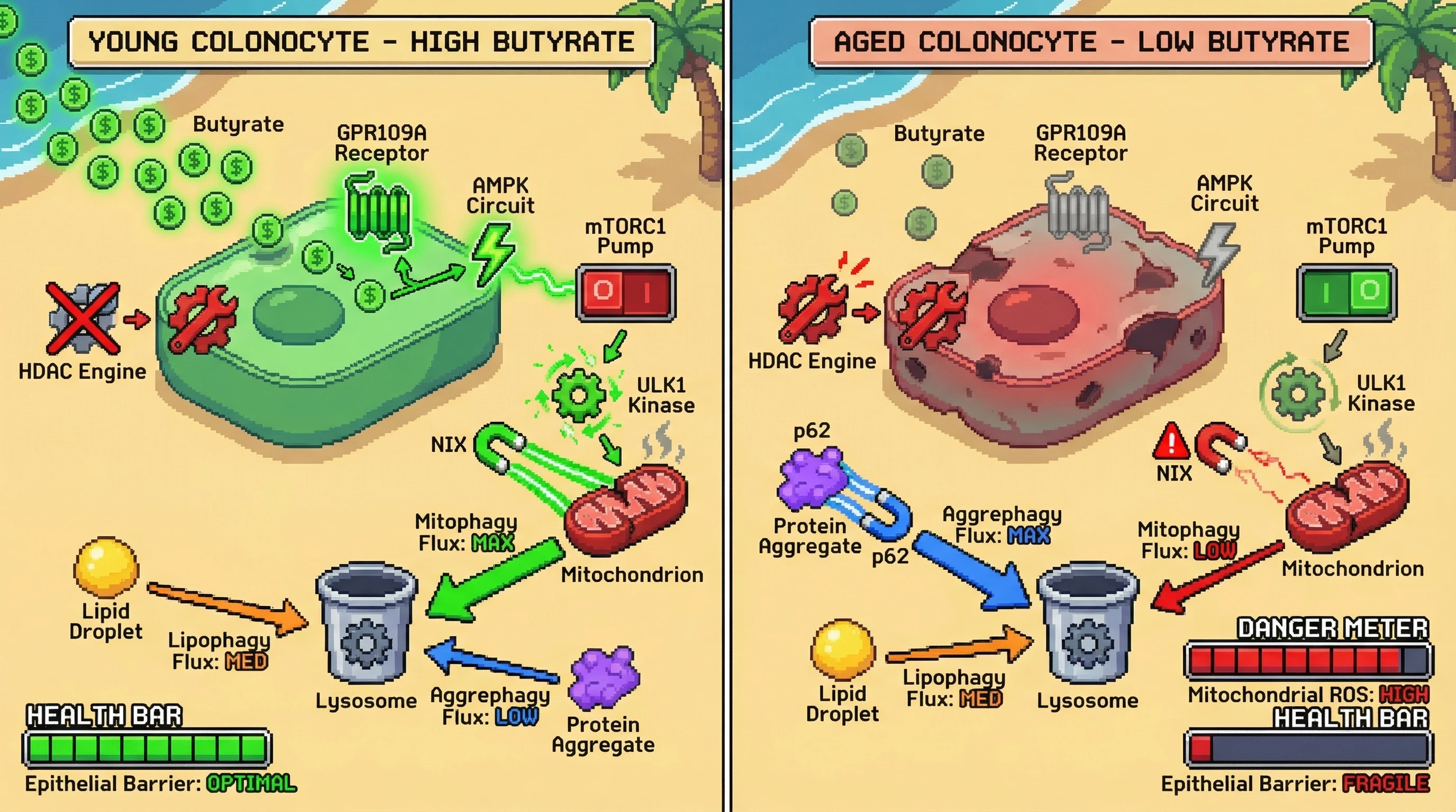 Mechanism: High butyrate maintains a specific autophagy hierarchy in colonocytes, prioritizing mitophagy to clear damaged mitochondria first. Readout: Readout: Aging and low butyrate disrupt this order, leading to mitochondrial ROS accumulation and a fragile epithelial barrier.
