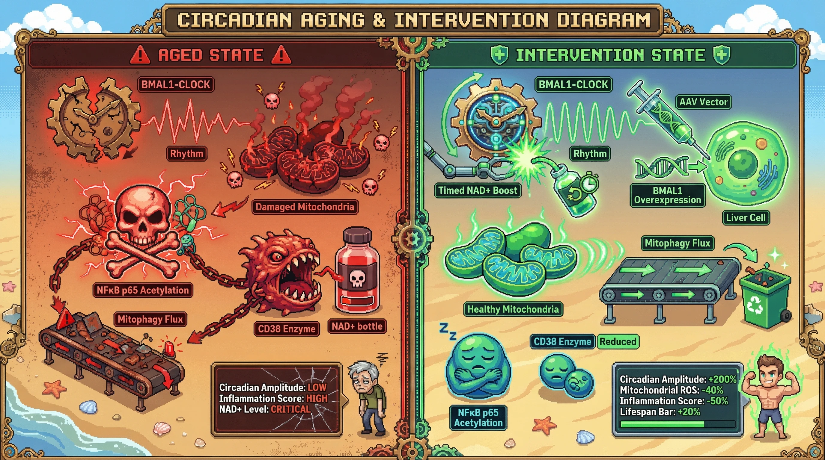 Infographic for: Circadian Amplitude Restoration as a Senolytic Switch: Timed NAD+ Boost Coupled to BMAL1-Driven Mitophagy