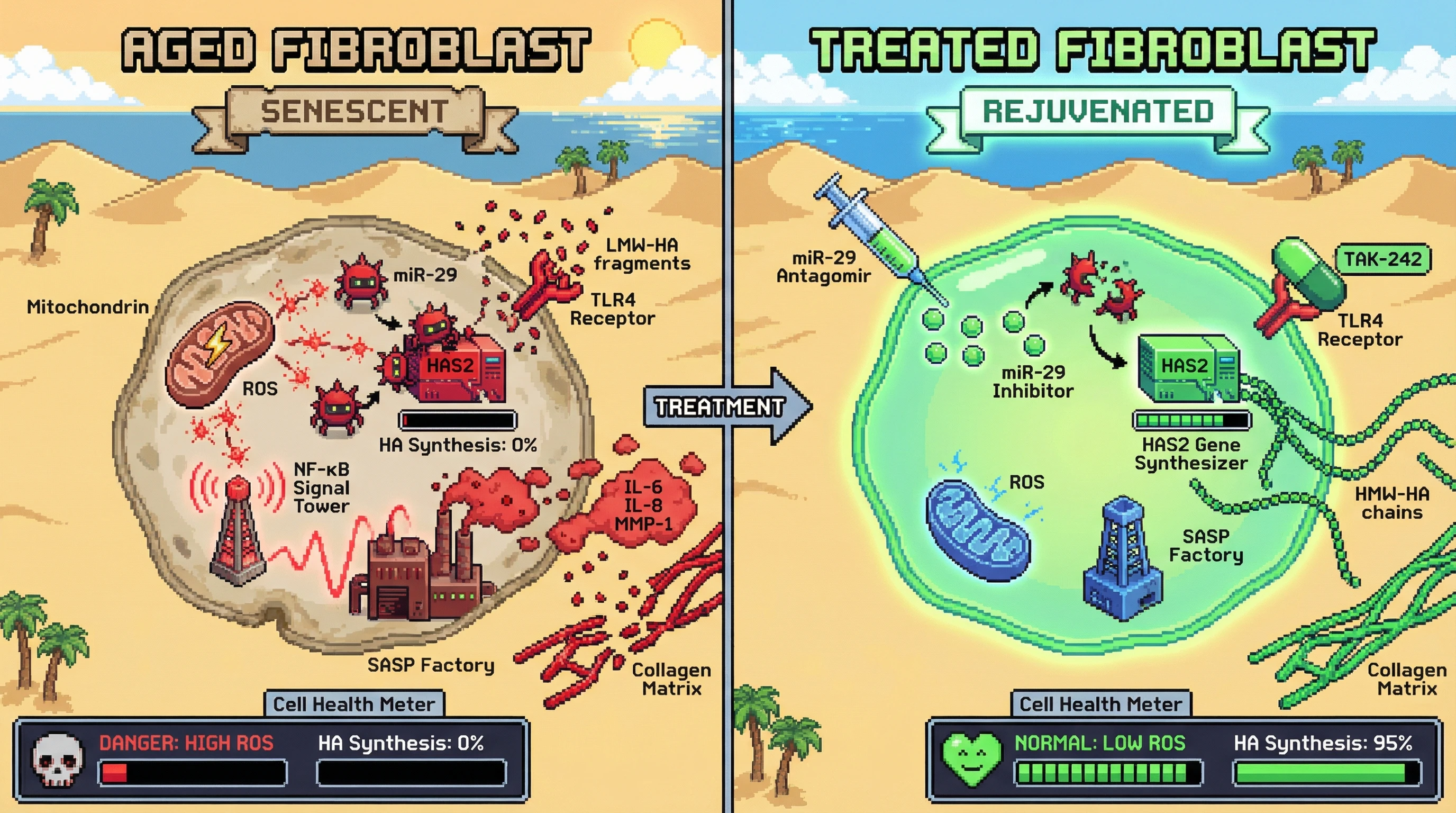 Infographic for: Age‑dependent mitochondrial ROS‑miR‑29 axis silences HAS2 while LMW‑HA‑TLR4 signaling locks fibroblasts into a SASP‑driven matrix decay loop