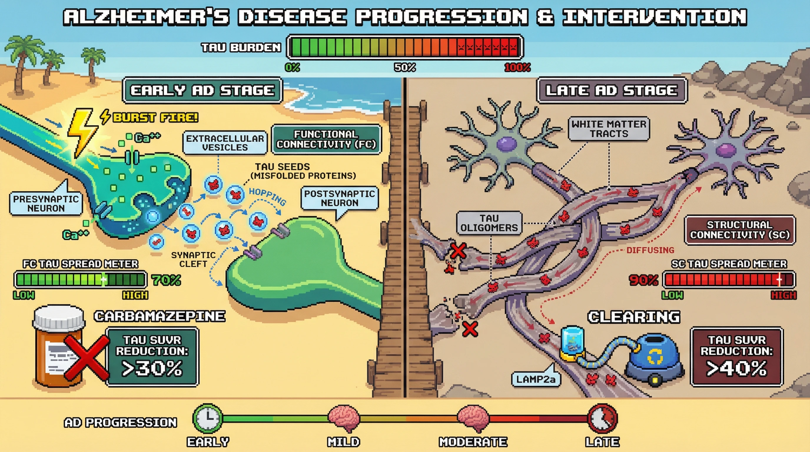 Infographic for: Activity‑Dependent Vesicular Gating Determines the Shift from Functional to Structural Connectivity Dominance in Tau Propagation