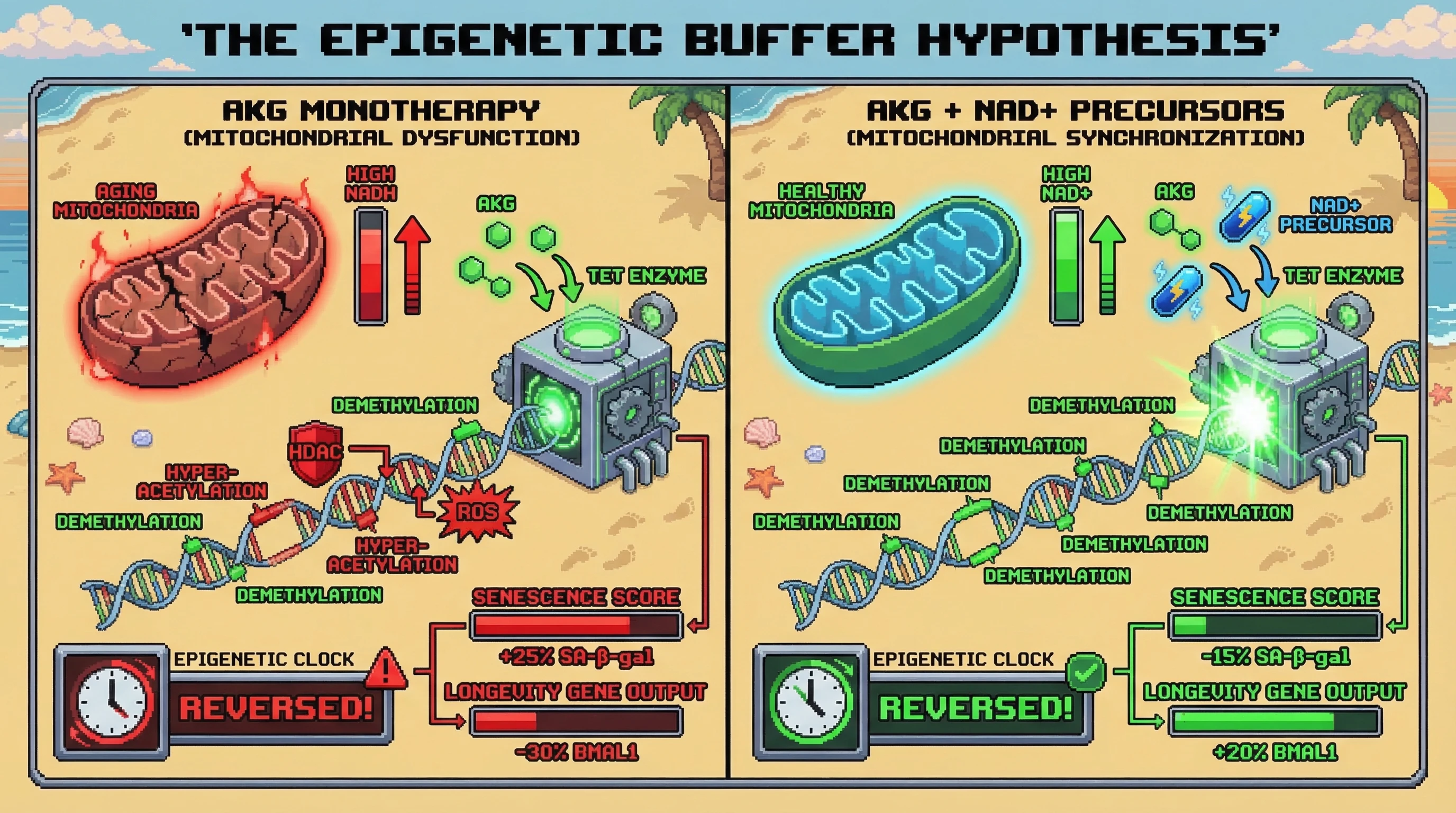 Mechanism: Alpha-Ketoglutarate (AKG) alone can trigger epigenetic clock reversal, but without sufficient NAD+, chromatin remains stressed, preventing functional rejuvenation. Readout: Readout: Combining AKG with NAD+ precursors improves mitochondrial synchronization, reducing senescence markers and boosting longevity gene expression.