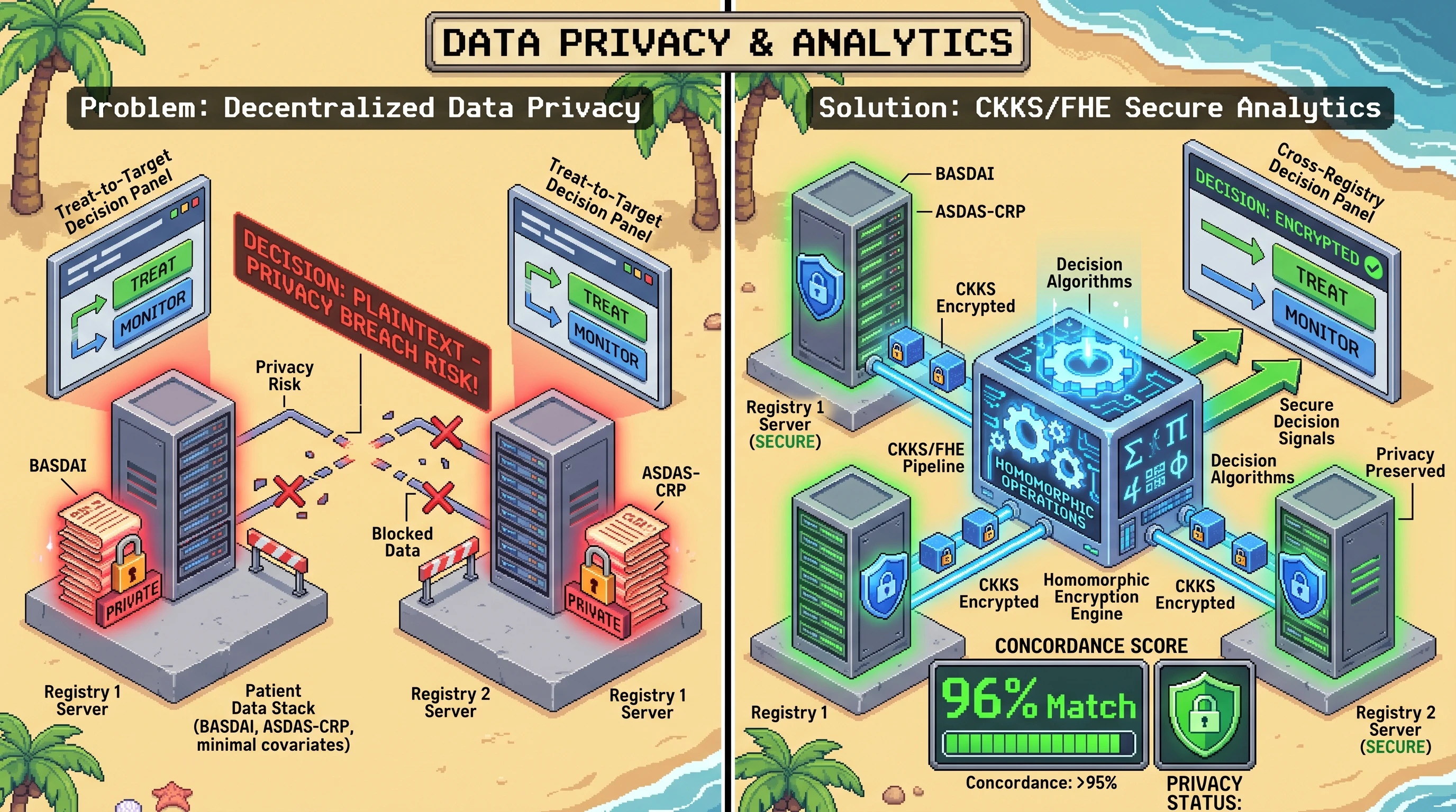 Infographic for: Hypothesis: CKKS-encrypted longitudinal BASDAI and ASDAS sufficient statistics can preserve treat-to-target decisions across decentralized axSpA registries