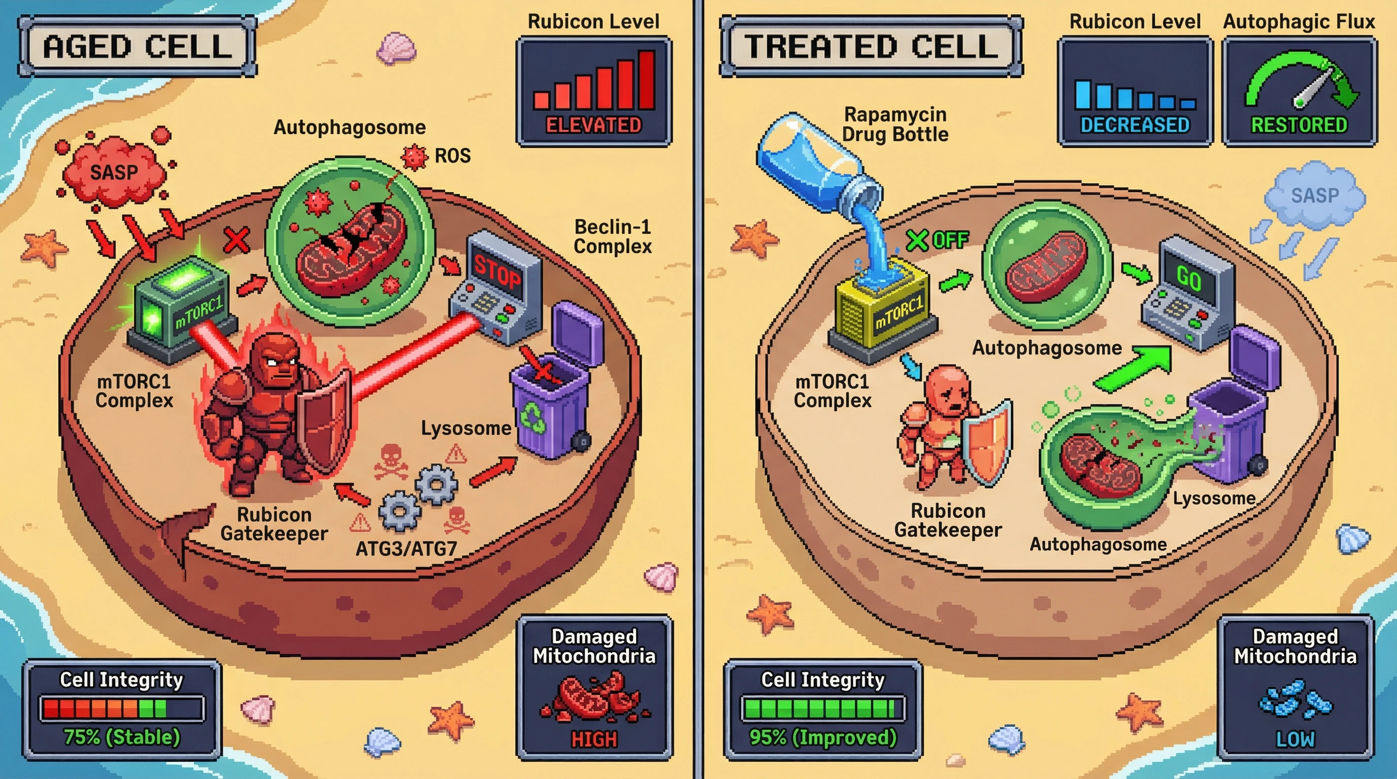 Mechanism: In aged cells, Rubicon actively blocks autophagosome-lysosome fusion, sustained by persistent mTORC1 activity and SASP, preventing over-digestion of essential components. Readout: Readout: Interventions like rapamycin reduce Rubicon, restore autophagic flux, and improve overall cell integrity while decreasing damaged mitochondria.