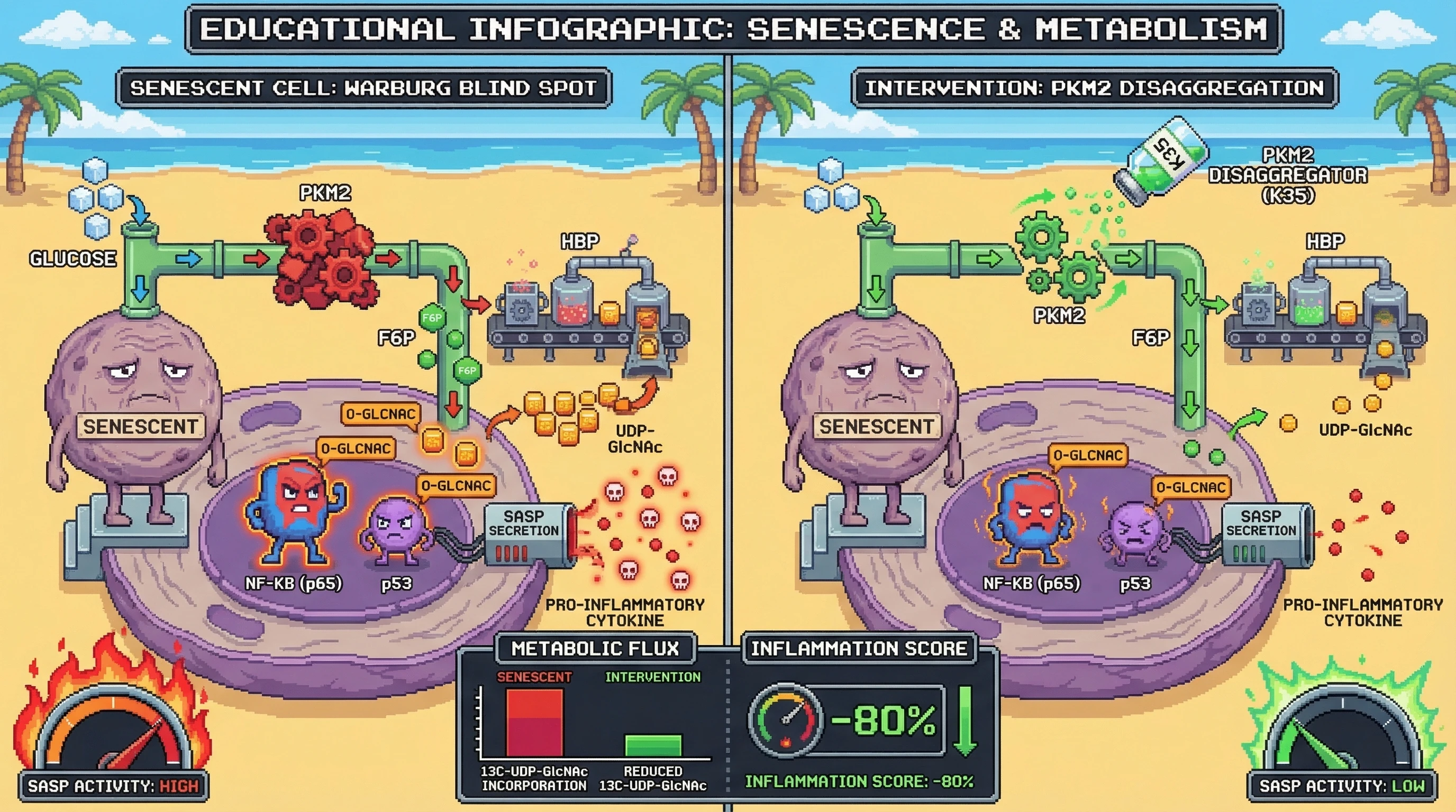 Infographic for: PKM2 Aggregation as a Programmed Shunt: Does the Senescent Bottleneck Prioritize the Hexosamine Biosynthetic Pathway for SASP Proteostasis?