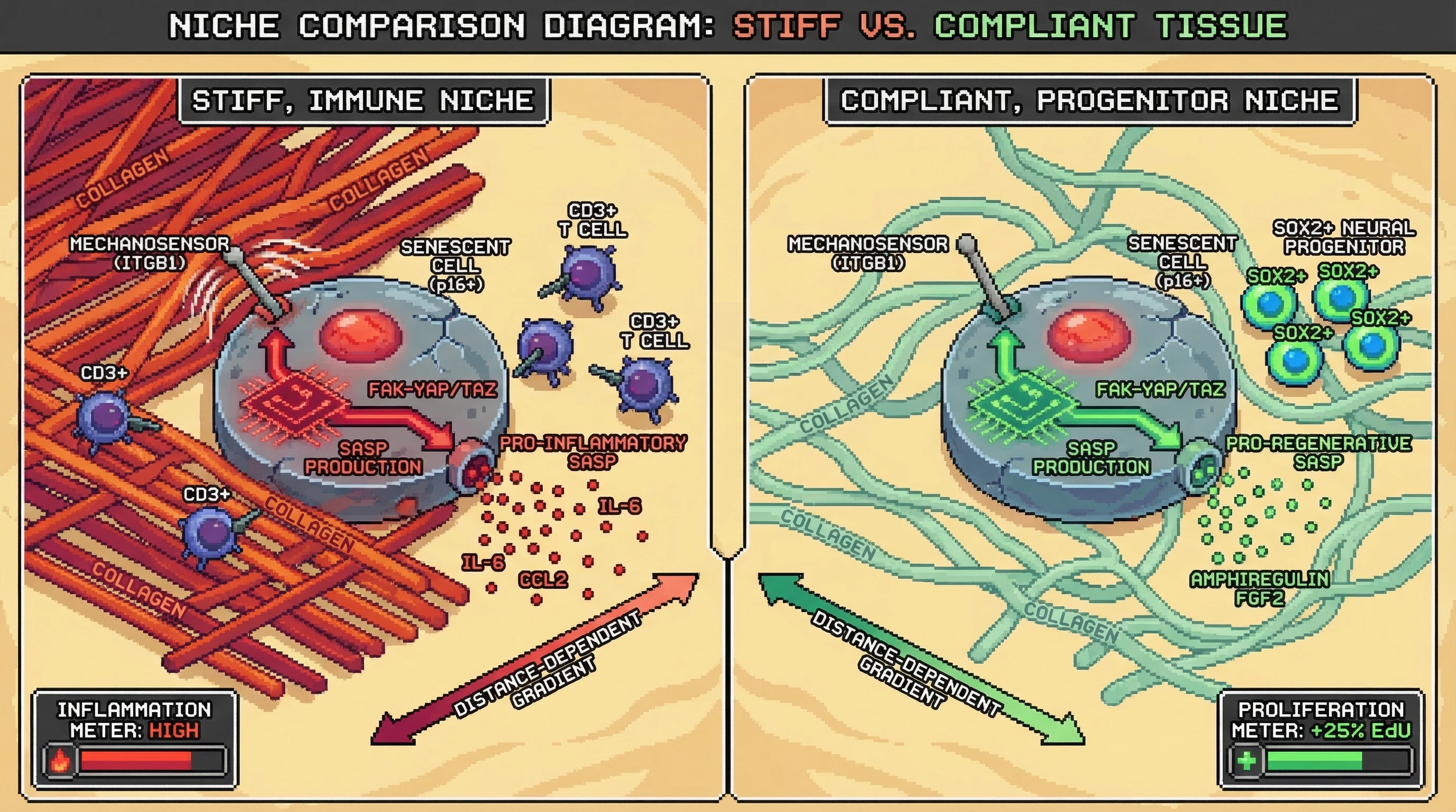 Mechanism: Senescent cells act as mechanosensitive hubs, tuning their SASP output based on local tissue stiffness and neighbor identity via Integrin-linked pathways. Readout: Readout: Stiff, immune-rich niches drive pro-inflammatory SASP, while compliant, progenitor-rich niches favor pro-regenerative SASP, impacting inflammation and proliferation rates.