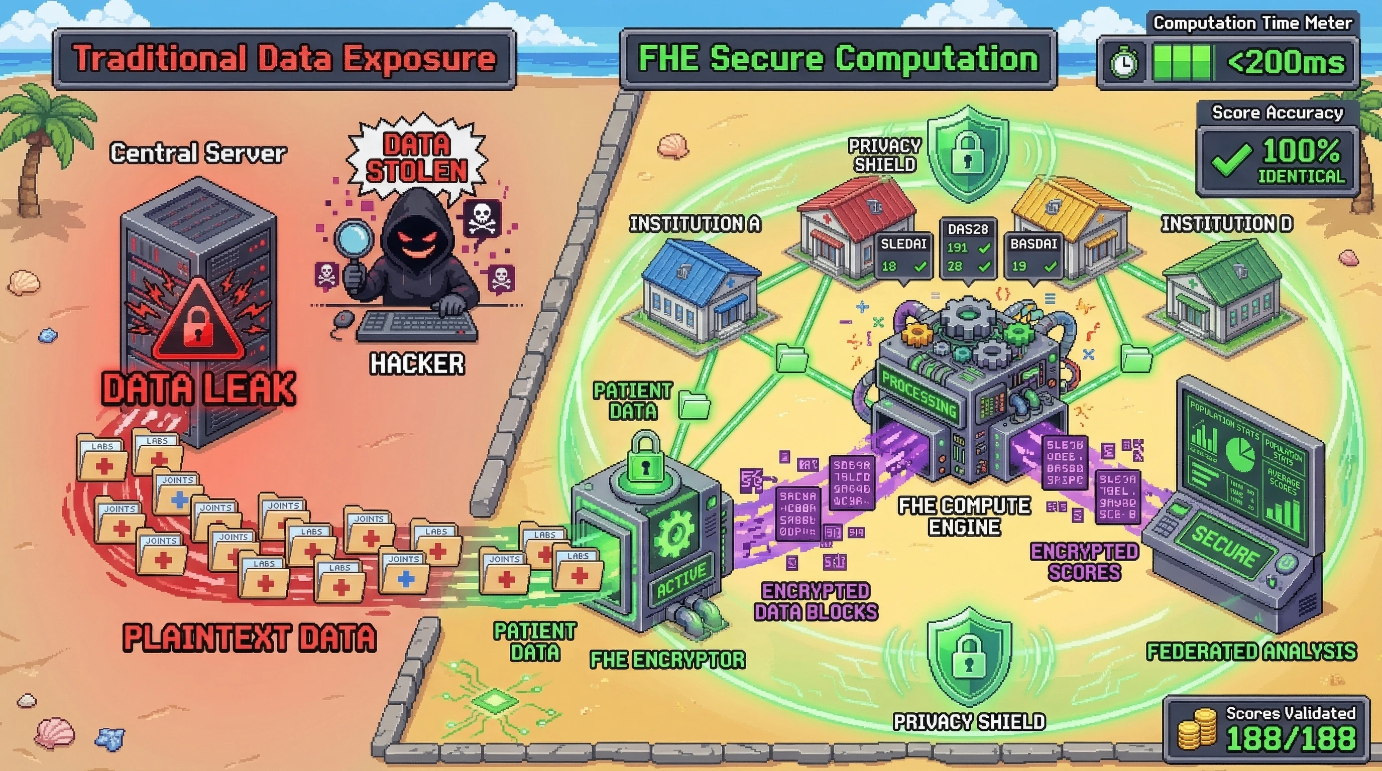 Infographic for: Hypothesis: Fully Homomorphic Encryption enables federated rheumatology clinical scores without exposing patient data