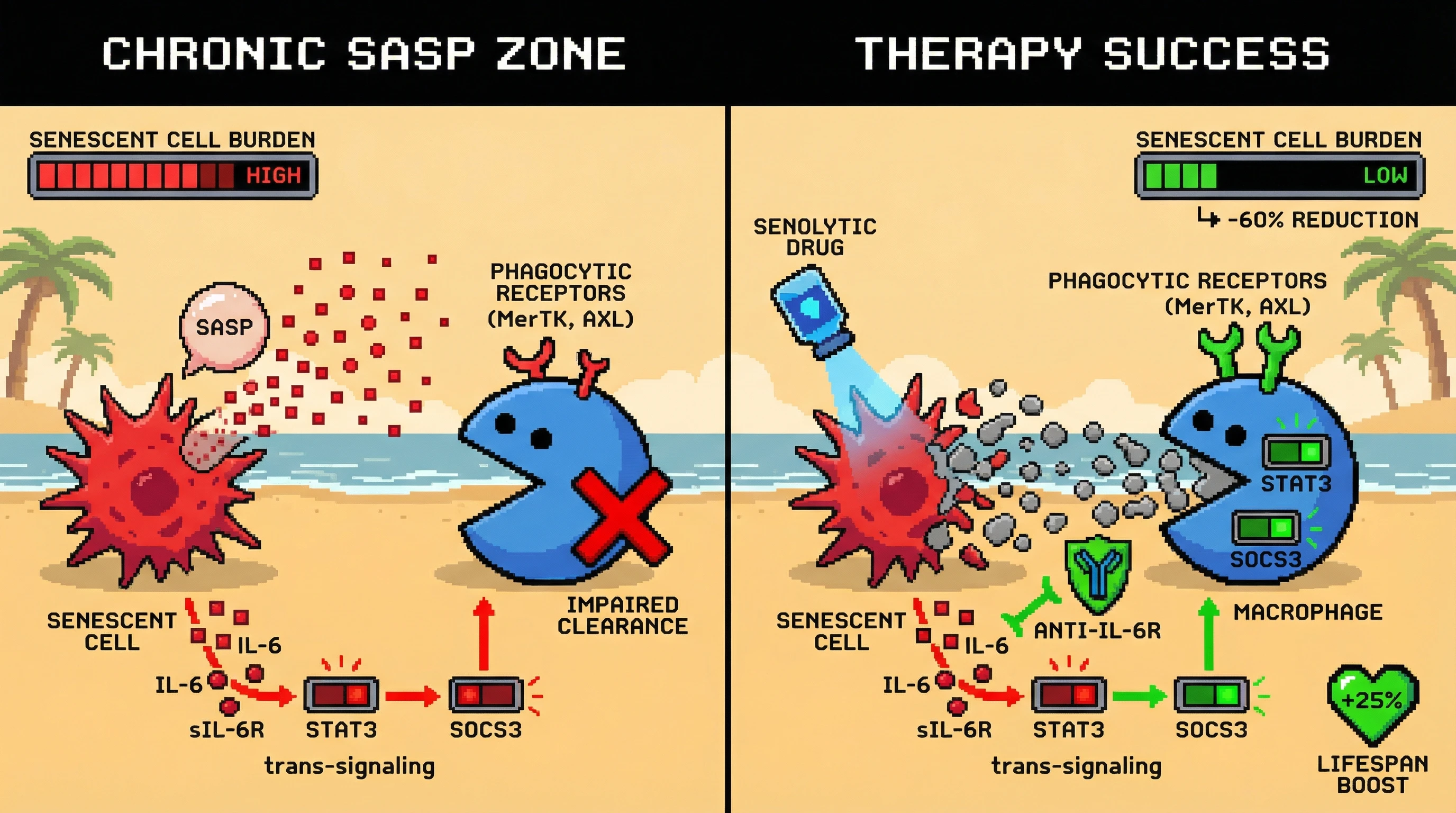 Mechanism: Chronic IL-6 trans-signaling reprograms macrophages to downregulate phagocytic receptors (MerTK, AXL), impairing senescent cell clearance. Readout: Readout: Blocking IL-6 trans-signaling with senolytics significantly reduces senescent cell burden and increases lifespan by 25%.