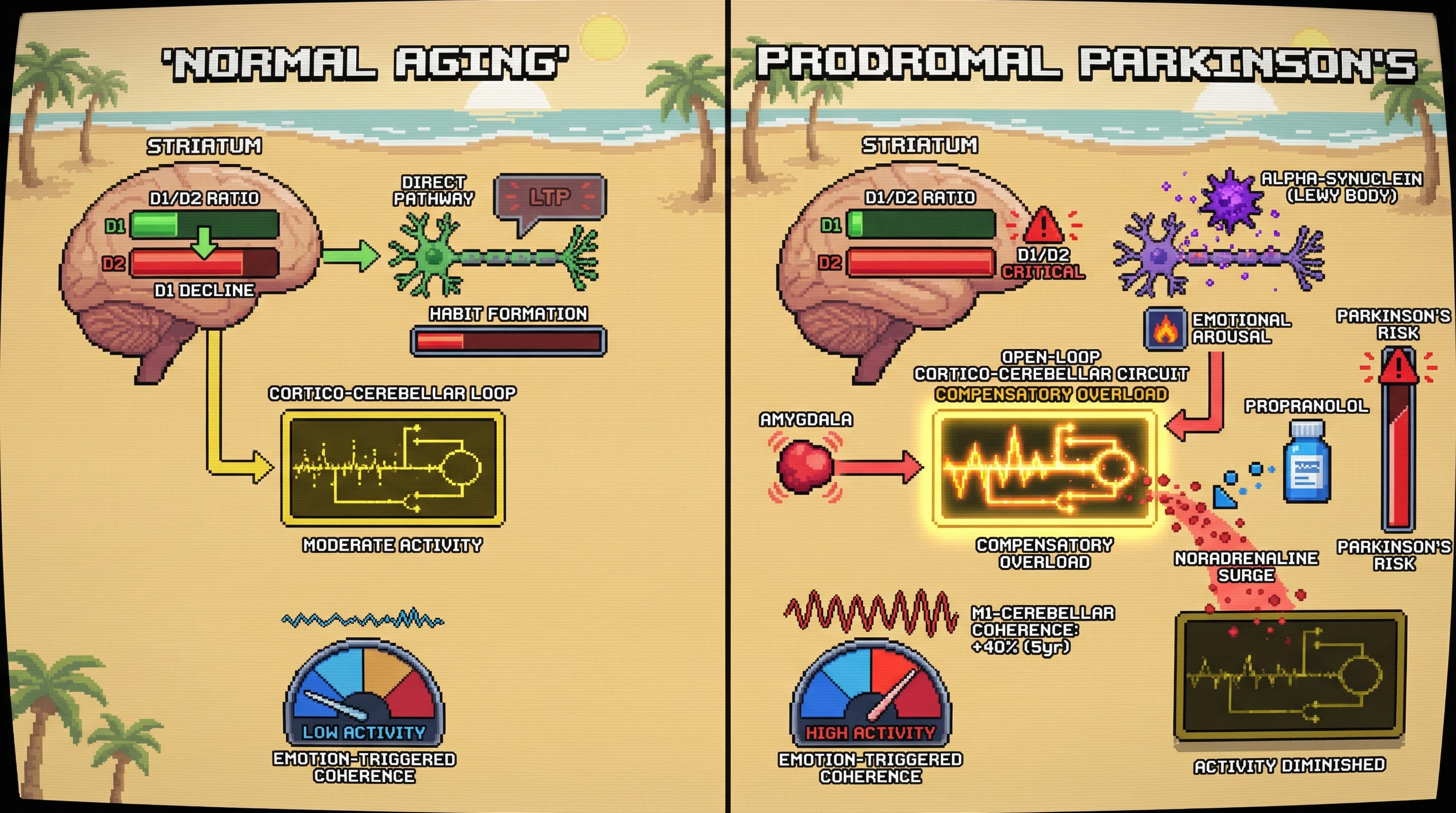 Infographic for: Age‑Related Shift in Striatal D1/D2 Ratio Drives Compensatory Engagement of an Open‑Loop Cortico‑Cerebellar Circuit That Precedes Parkinsonian Motor Signs