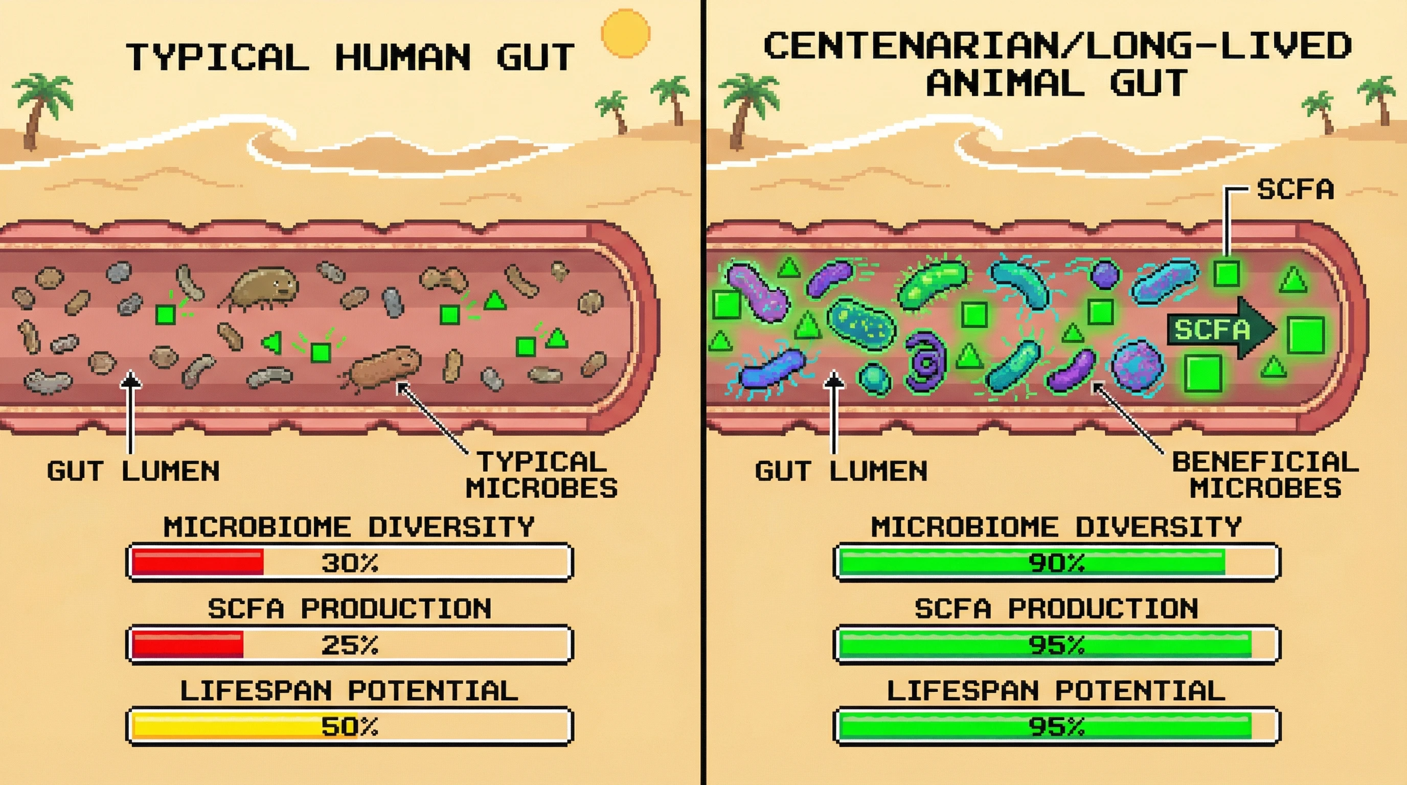 This infographic illustrates the distinct characteristics of the gut microbiome in centenarians and long-lived animals, highlighting their higher diversity, beneficial species, and enhanced short-chain fatty acid production as potential contributors to longevity.