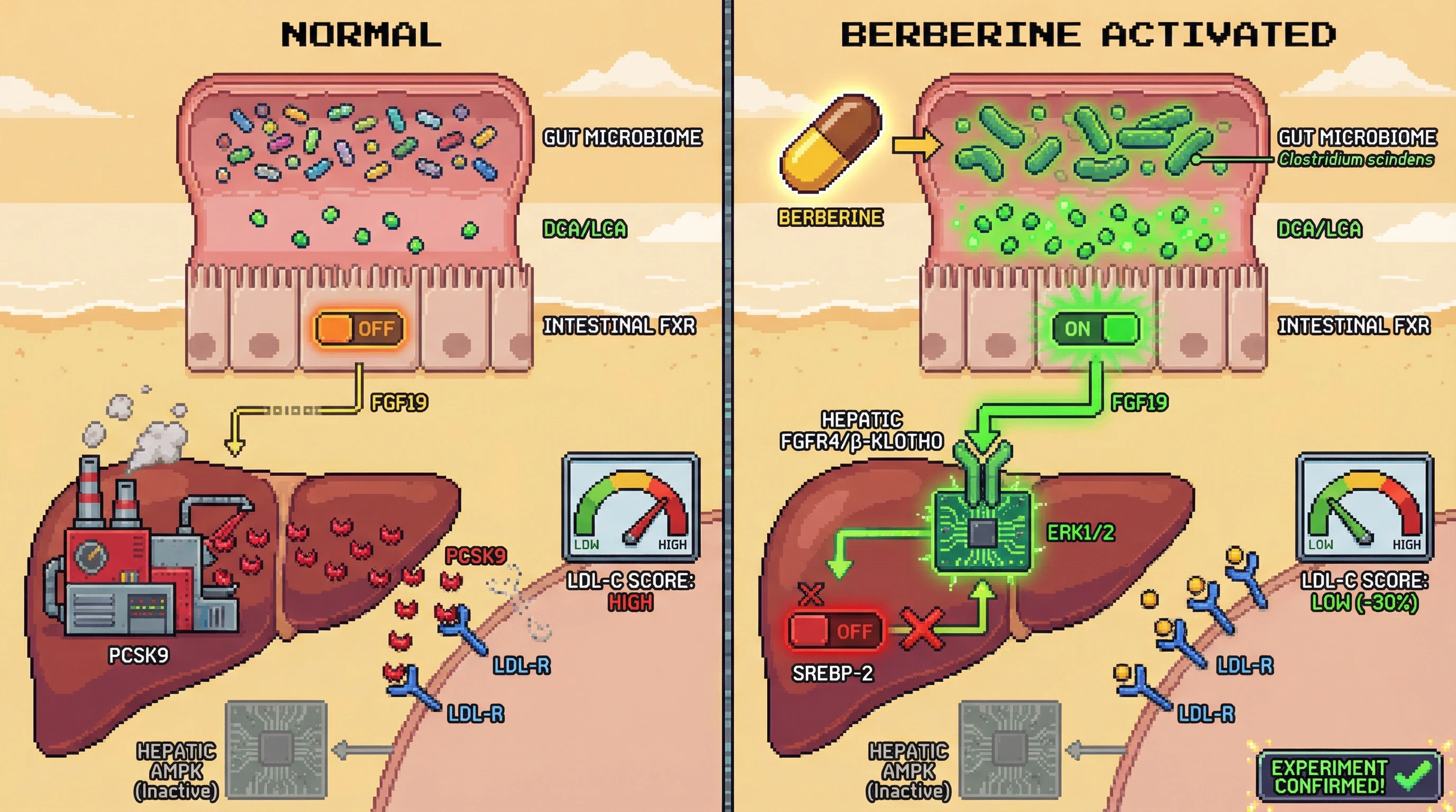 Infographic for: Berberine lowers PCSK9 via a gut microbiota–FXR–FGF19 axis that operates independently of hepatic AMPK