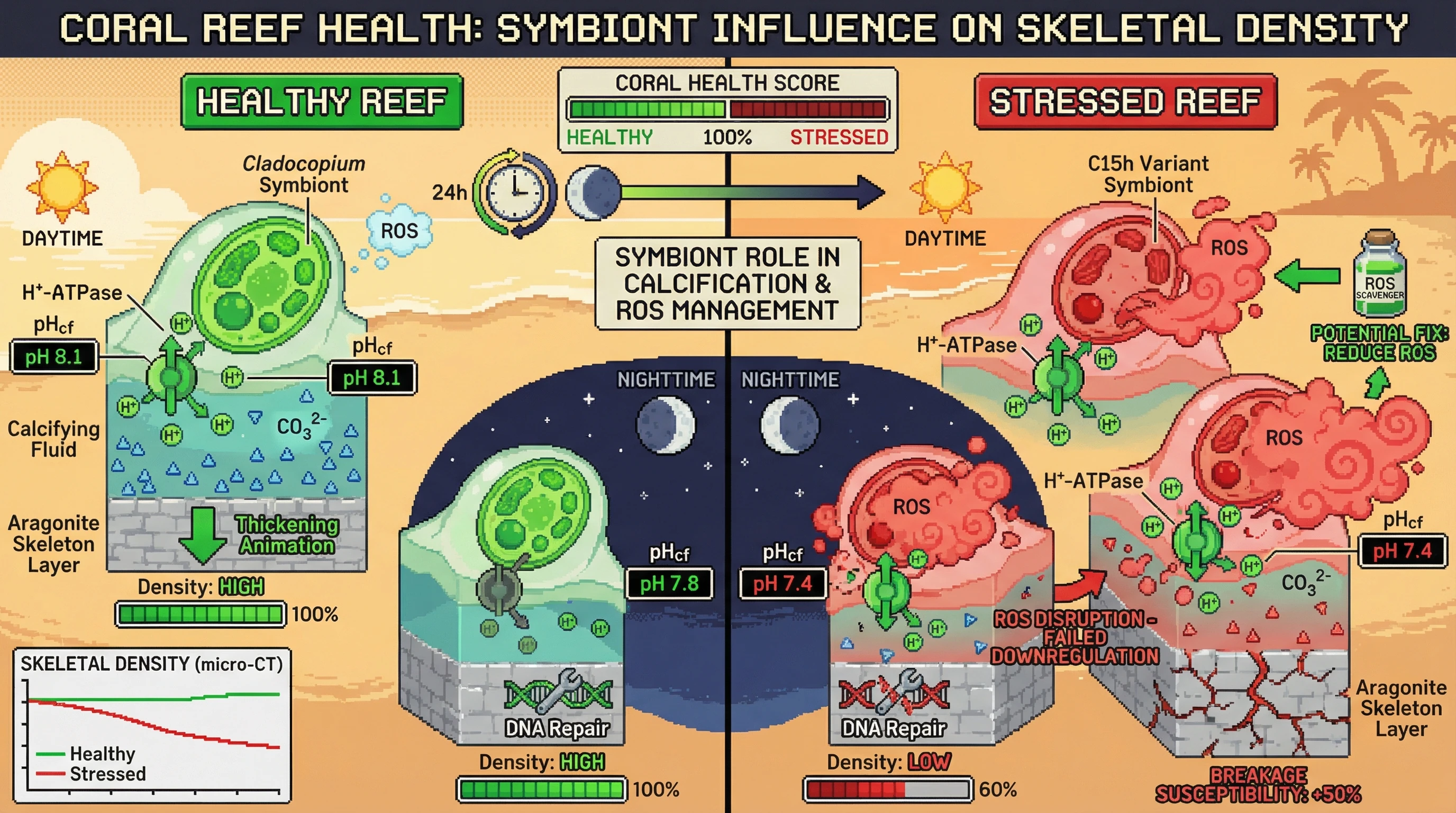 Infographic for: Circadian gating of calcifying fluid pH regulation determines coral vulnerability to combined thermal and acidification stress via symbiont‑mediated ROS signaling