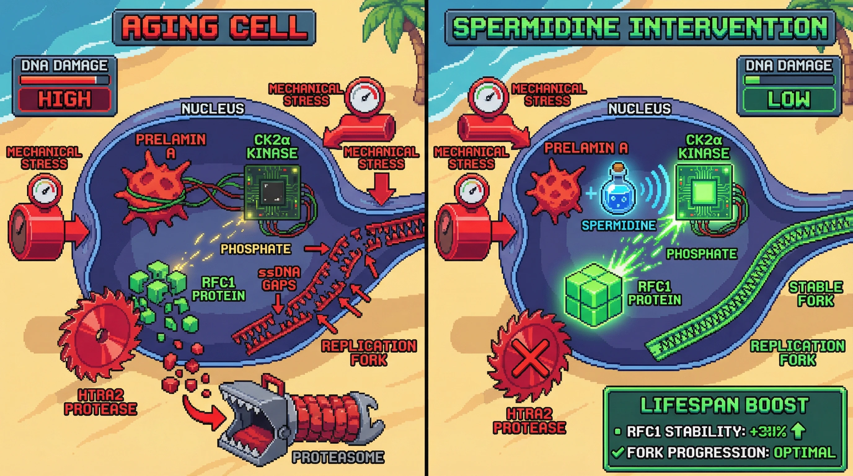 Infographic for: Prelamin A‑CK2 Axis Controls Replication Fork Stability via RFC1 Regulation and Tissue‑Specific Nuclear Mechanics