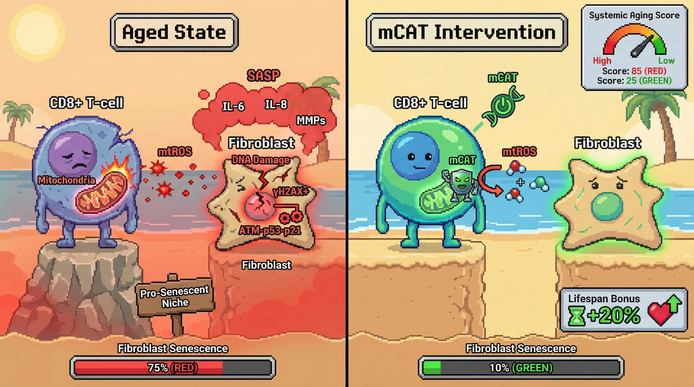 Infographic for: Mitochondrial ROS from senescent T cells reprograms stromal fibroblasts into a pro‑senescent niche that accelerates systemic aging