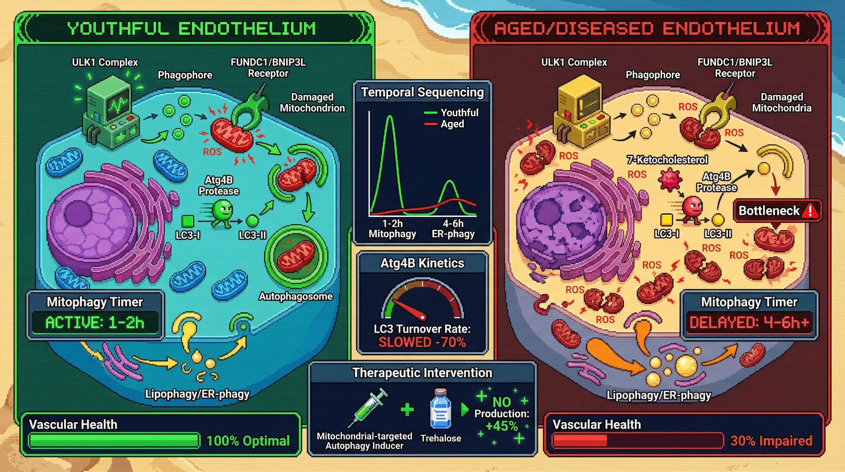 Mechanism: Vascular aging disrupts the autophagic triage timer by inhibiting Atg4B and slowing LC3 lipidation, which disproportionately impairs rapid mitophagy. Readout: Readout: This leads to delayed mitochondrial clearance, flattened temporal sequencing of autophagic pathways, and decreased nitric oxide production.