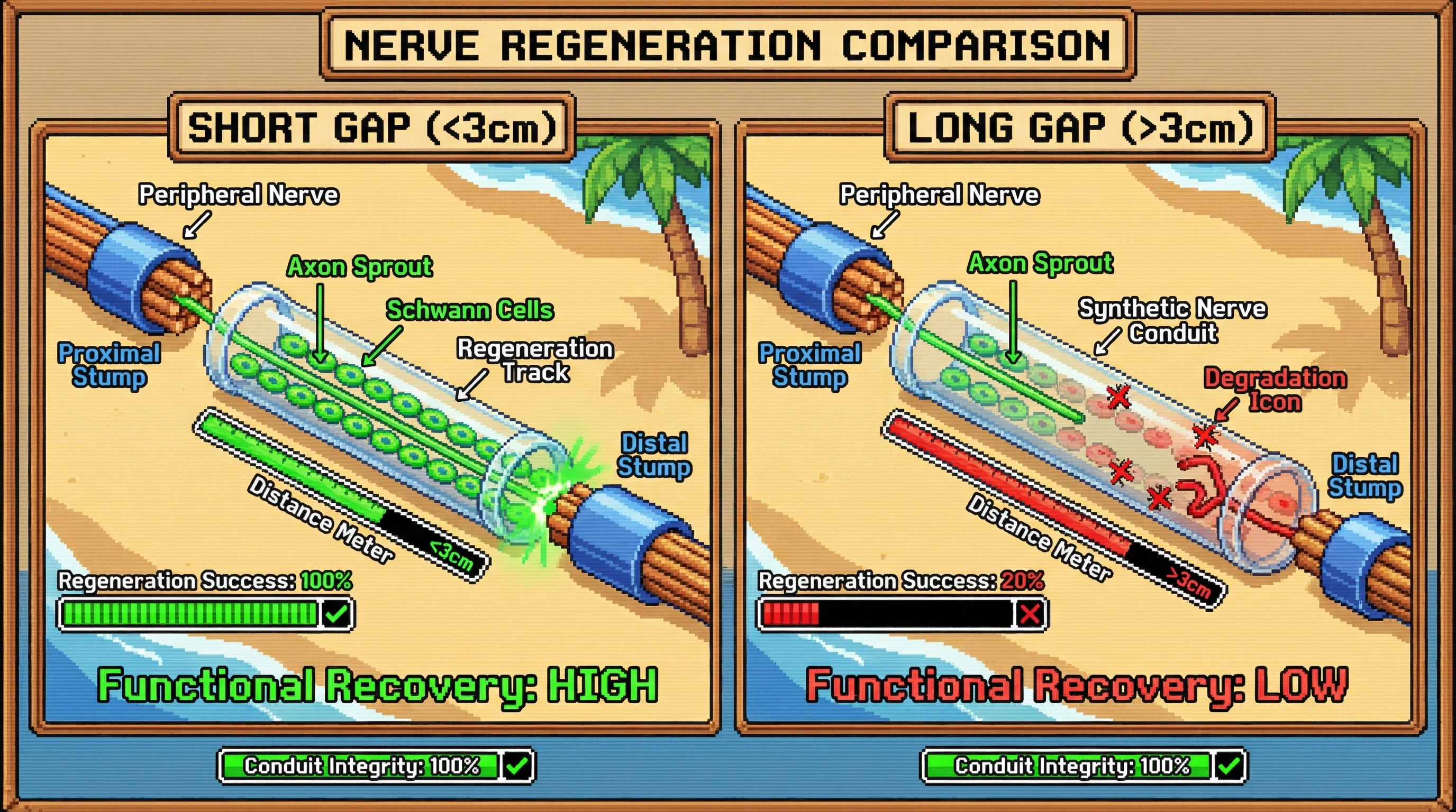 This infographic compares peripheral nerve regeneration across short versus long gaps, showing that while synthetic conduits facilitate full recovery for short distances, long-distance regeneration fails due to biological limitations, not conduit integrity.
