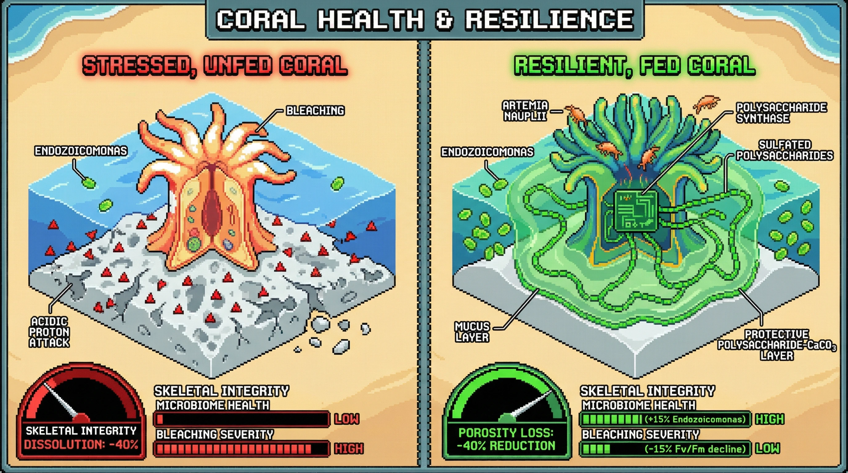 Infographic for: Heterotrophy-Driven Polysaccharide Secretion Enhances Coral Microbiome Memory and Buffers Framework Dissolution under Ocean Acidification
