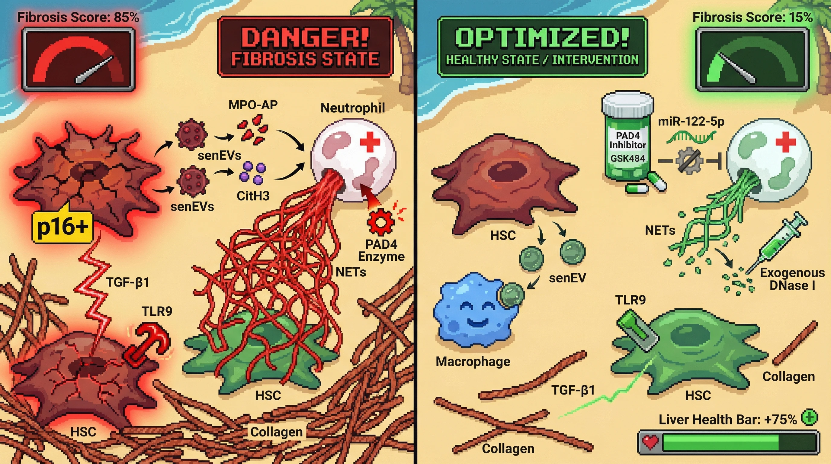 Infographic for: Senescent cell‑derived senEVs program neutrophil extracellular trap formation to restrain fibrotic scar maturation