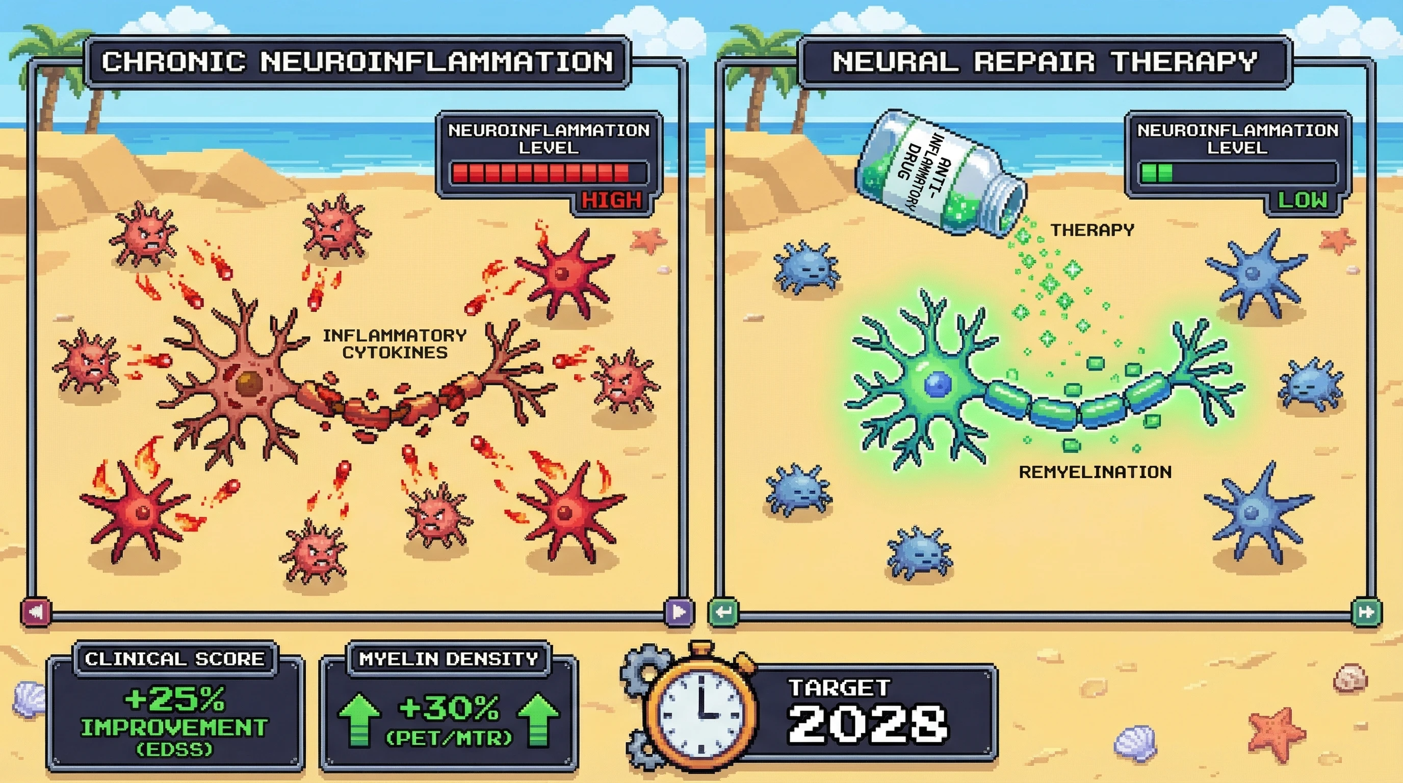 Mechanism: A therapy targets chronic neuroinflammation, deactivating inflammatory microglia and astrocytes within the neural environment. Readout: Readout: This leads to significant remyelination and neural repair, evidenced by a 25% improvement in clinical scores (EDSS) and a 30% increase in myelin density (PET/MTR).