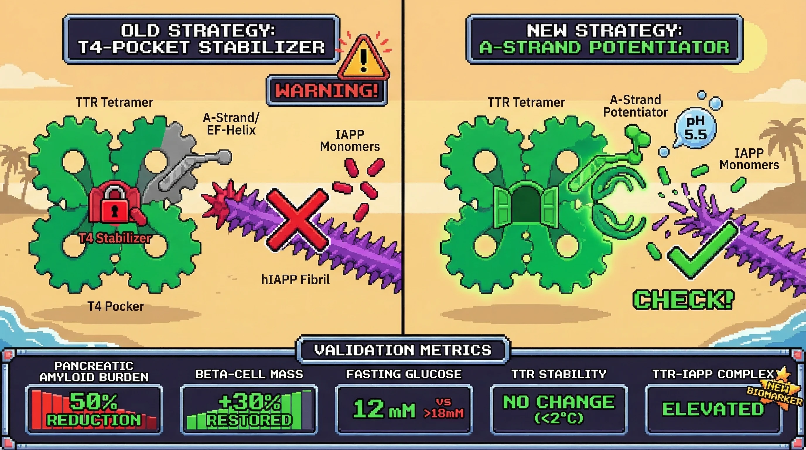 Infographic for: A pH-biased allosteric potentiator of TTR's A-strand/EF-helix chaperone surface — chemically orthogonal to T4-pocket ...