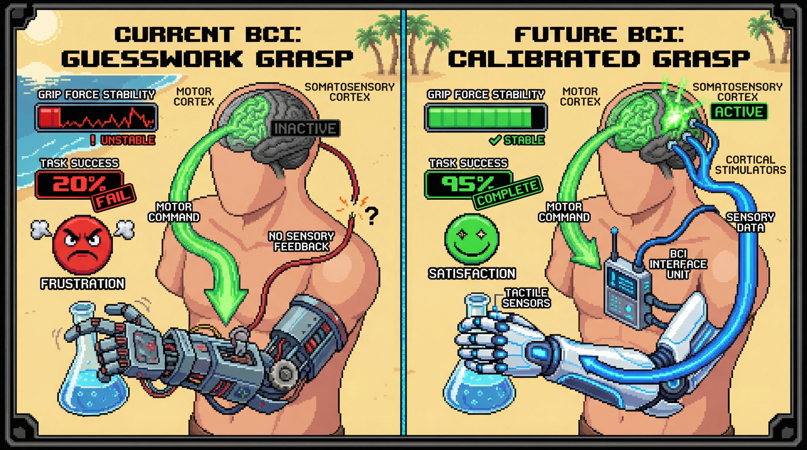 Mechanism: Current brain-computer interfaces (BCIs) for prosthetics lack sensory feedback, preventing the somatosensory cortex from receiving real-time information. Readout: Readout: Integrating cortical stimulation for sensory feedback enables precise grip force calibration, increasing task success rates from 20% to 95%.