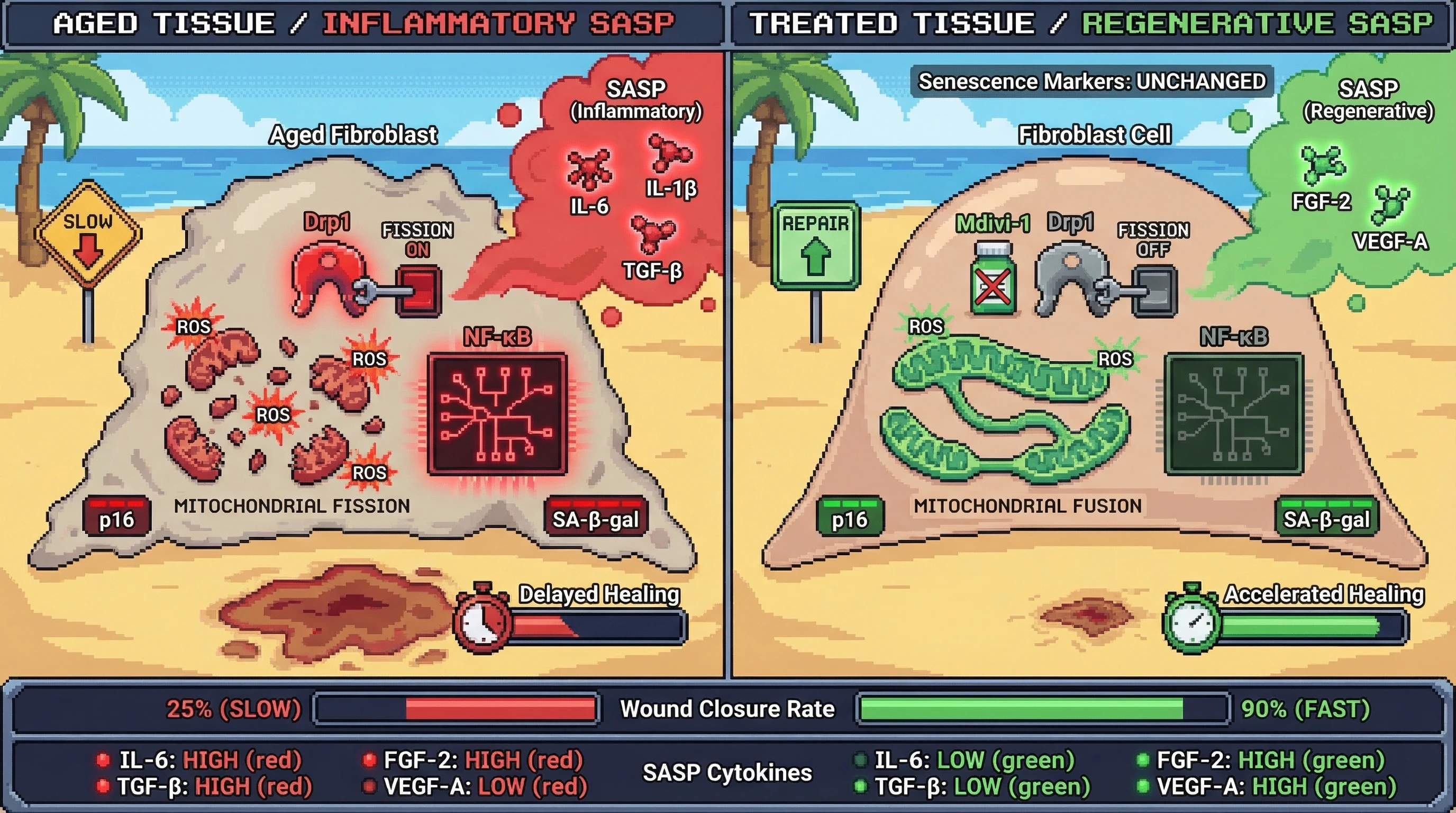 Infographic for: Mitochondrial fission drives the phenotypic switch of senescent cells from regenerative to inflammatory, providing a senomorphic target to preserve tissue repair