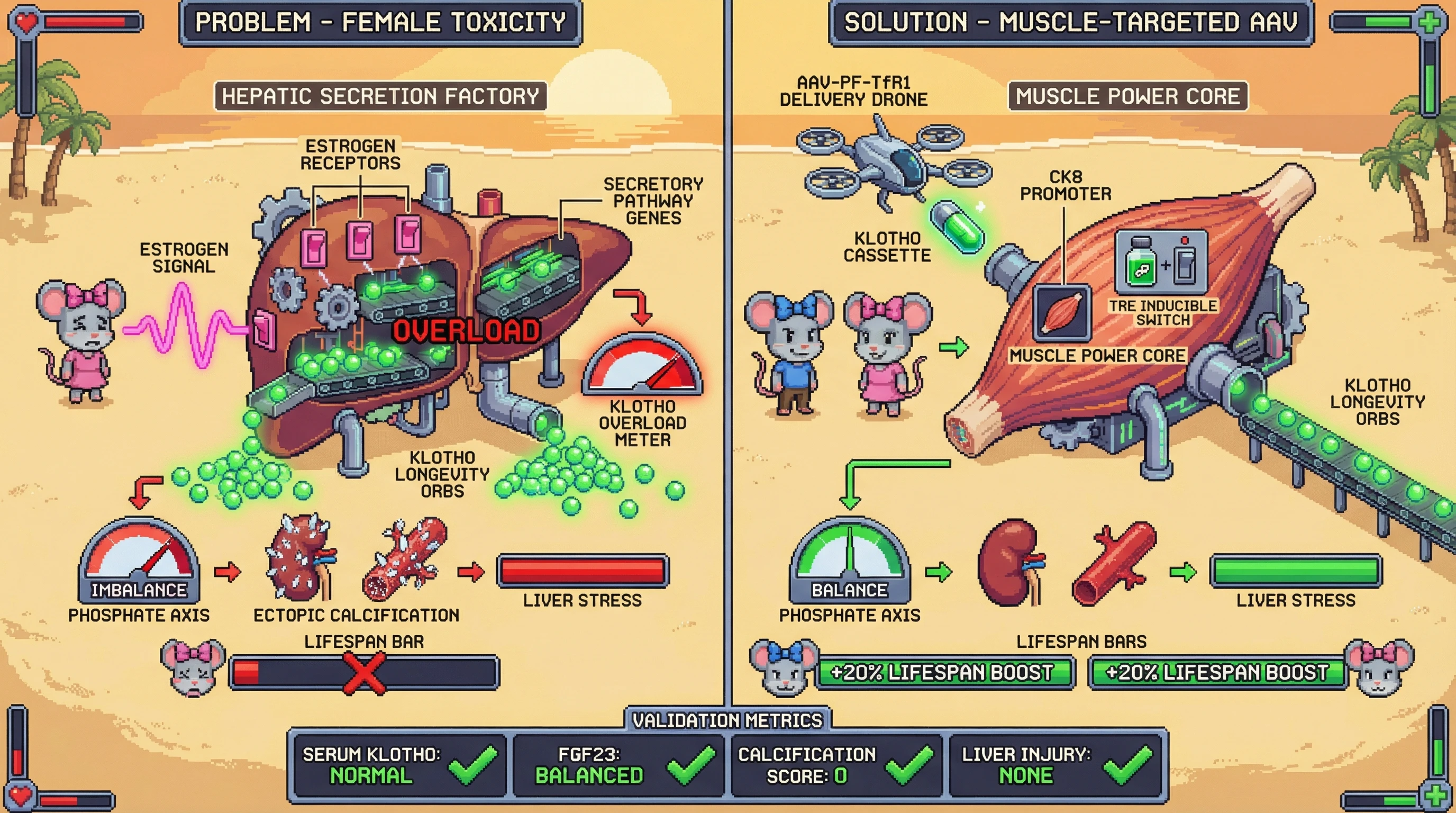 Mechanism: Estrogen-enhanced hepatic Klotho secretion causes toxicity in female mice, disrupting phosphate balance and triggering calcification. Readout: Readout: Muscle-targeted, inducible Klotho delivery eliminates female toxicity, restoring phosphate balance and increasing lifespan by 20% in both sexes.