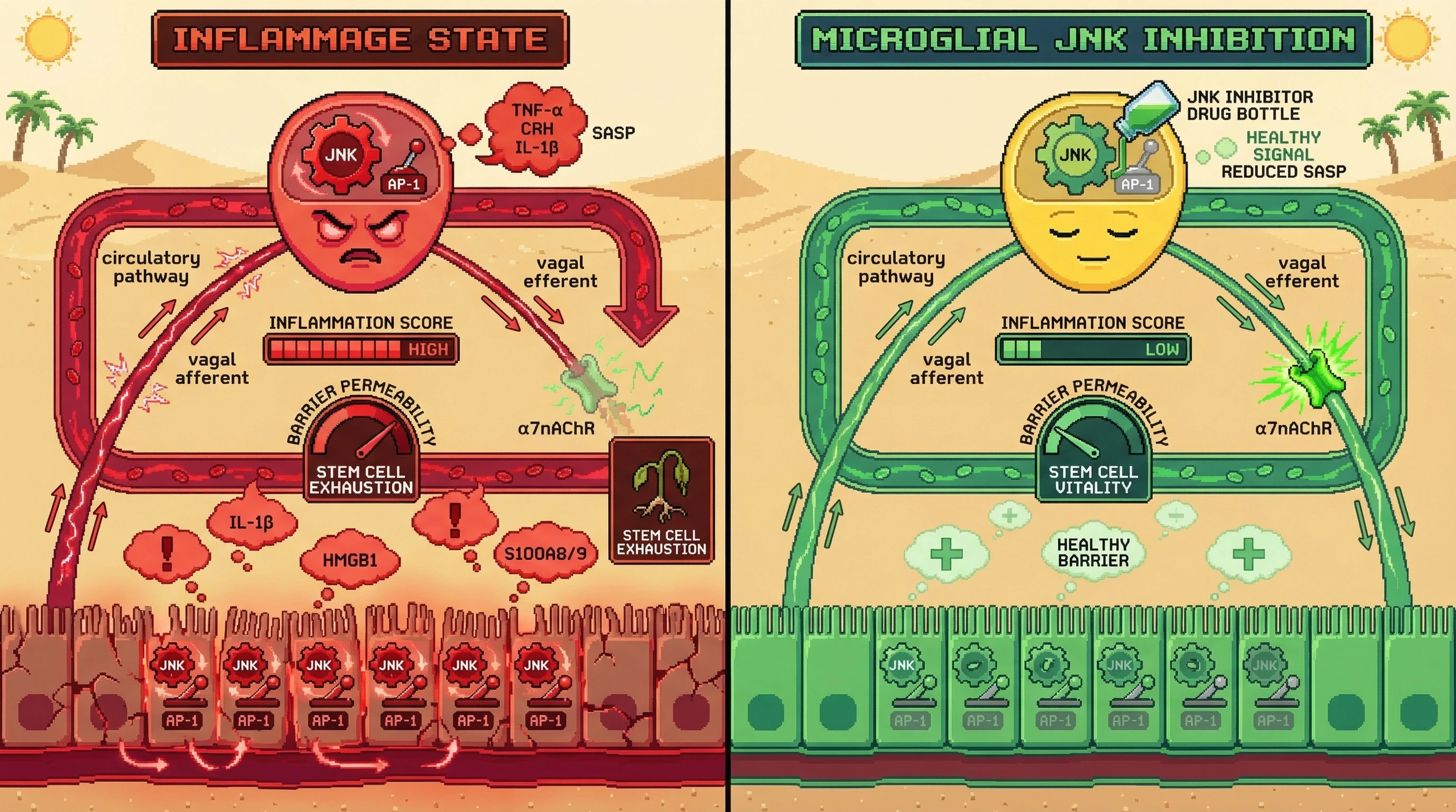 Infographic for: AJNK/AP-1–Dependent Brain‑Gut Feedforward Loop Locks Inflammaging During Age‑Related Barrier Dysfunction