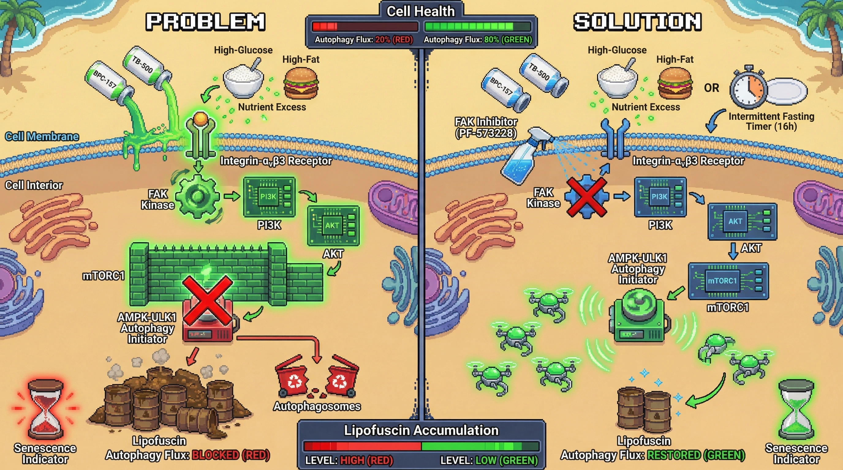 Infographic for: BPC-157 and TB-500 suppress autophagy flux via integrin‑FAK‑PI3K‑mTORC1 signaling, exacerbating lipofuscin accumulation under nutrient excess
