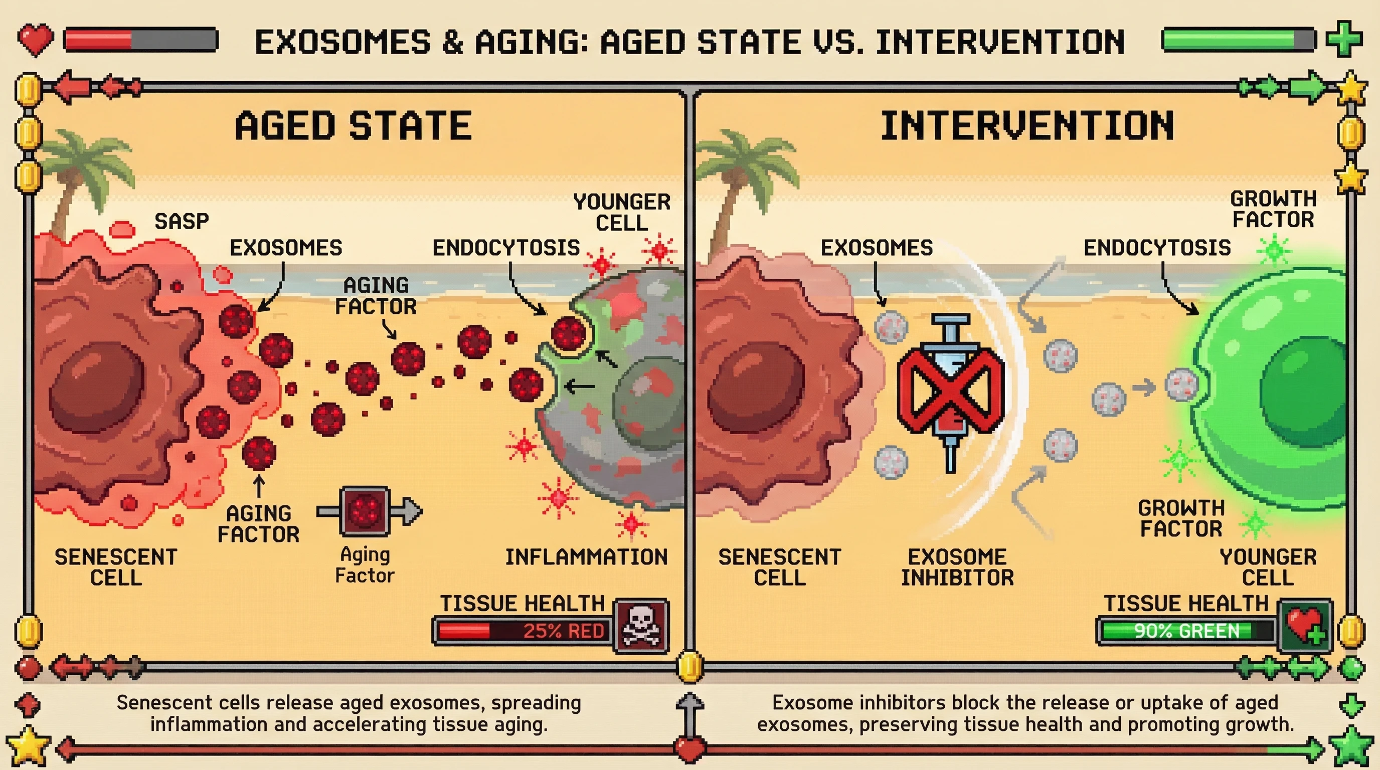 Mechanism: Senescent cells release exosomes containing 'Aging Factor' cargo, which are then absorbed by younger cells, promoting inflammation and cellular aging. Readout: Readout: Blocking exosome signaling improves 'Tissue Health' from 25% (red) to 90% (green) on a retro game meter.