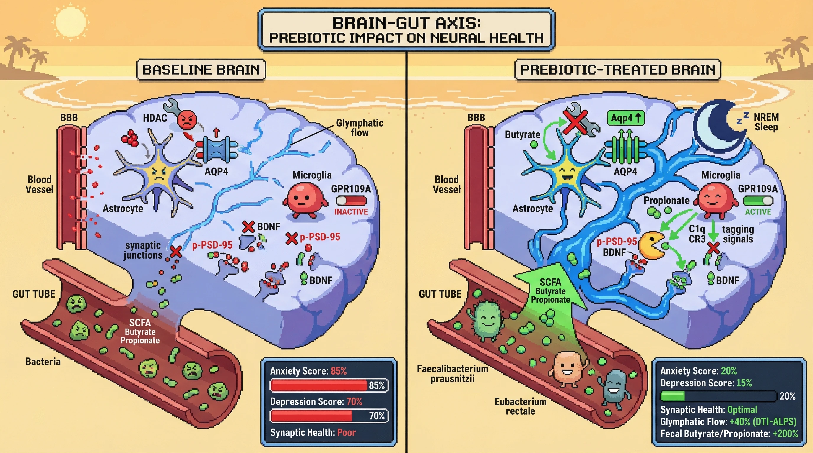 Infographic for: Prebiotic-modulated SCFA signaling refines glymphatic triage to selectively prune maladaptive neural ensembles, alleviating anxiety and depression