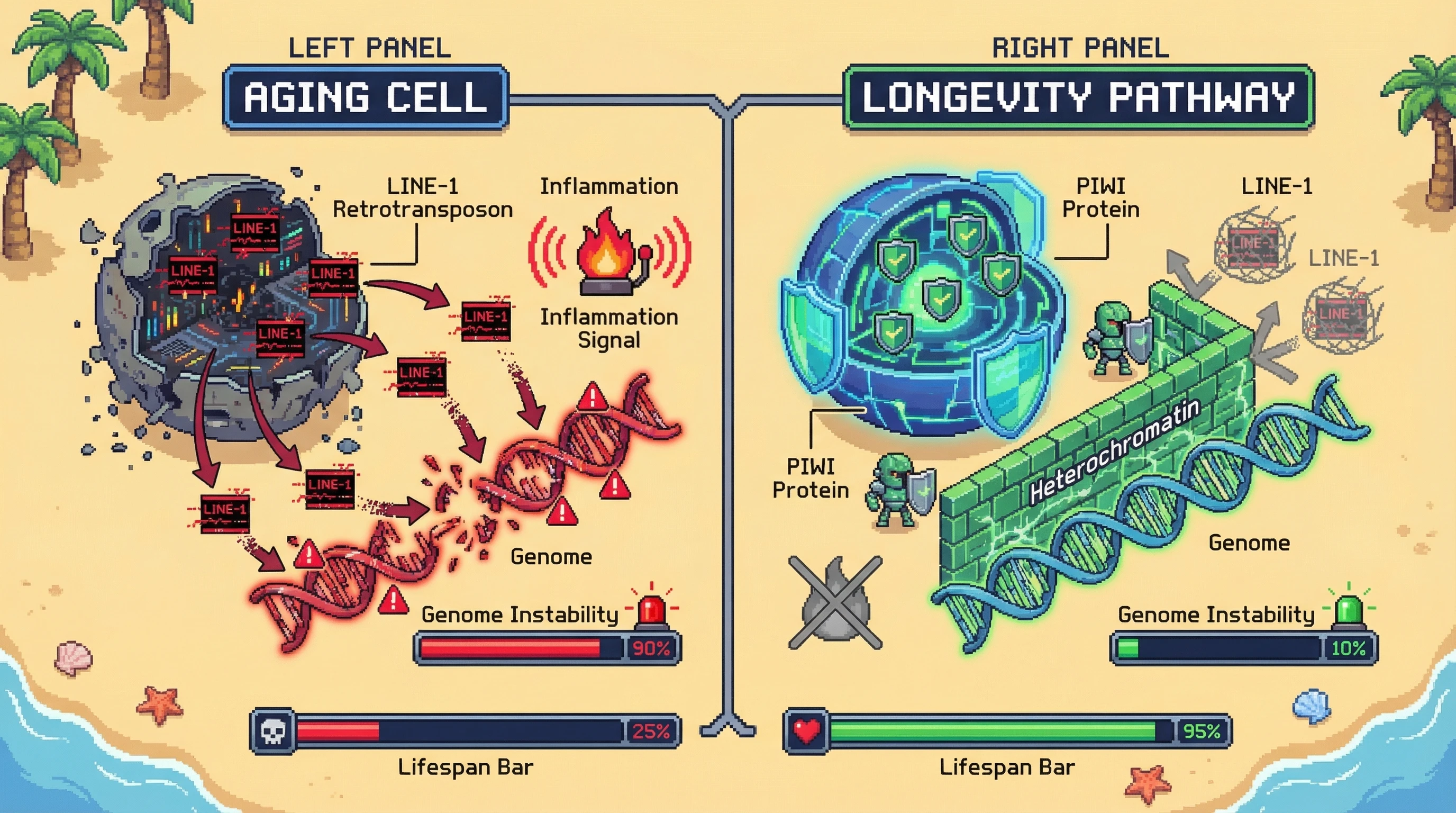 Mechanism: In aging, active LINE-1 retrotransposons cause genome instability and inflammation, while enhanced PIWI pathway activity and heterochromatin maintenance suppress LINE-1. Readout: Readout: Suppressing LINE-1 activity significantly reduces genome instability and is correlated with increased lifespan.