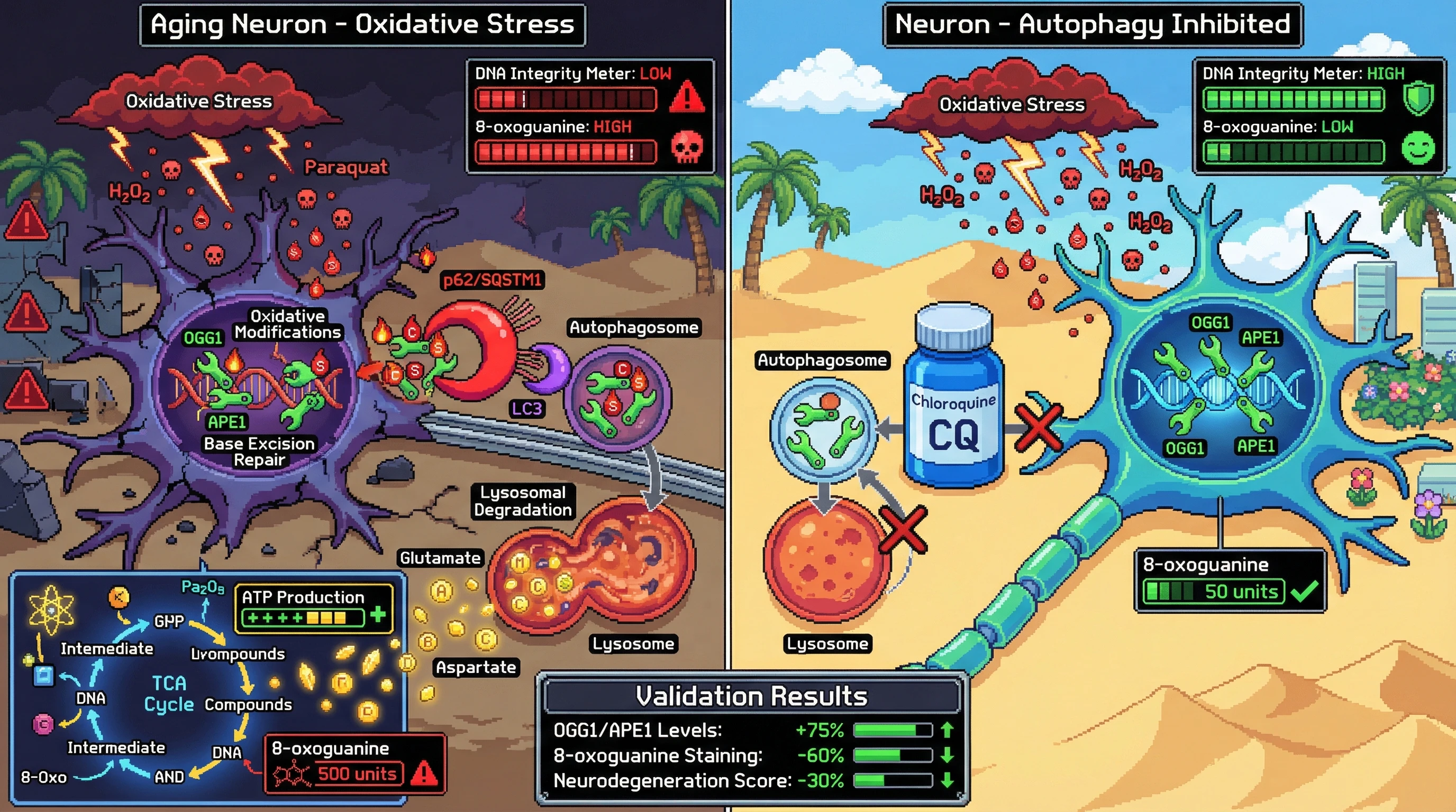 Mechanism: Under oxidative stress, neurons selectively degrade BER enzymes OGG1 and APE1 via p62-mediated autophagy to salvage amino acids for ATP, increasing DNA damage. Readout: Readout: Inhibiting autophagy with chloroquine preserves OGG1/APE1 levels by 75%, reduces 8-oxoguanine staining by 60%, and decreases neurodegeneration by 30%.
